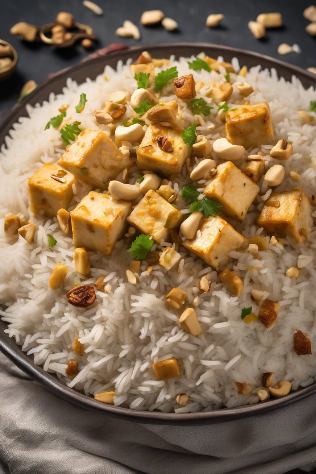 A high-resolution photo of paneer pulao with golden-fried cubes and cashew bits amid fluffy rice, under soft lighting.