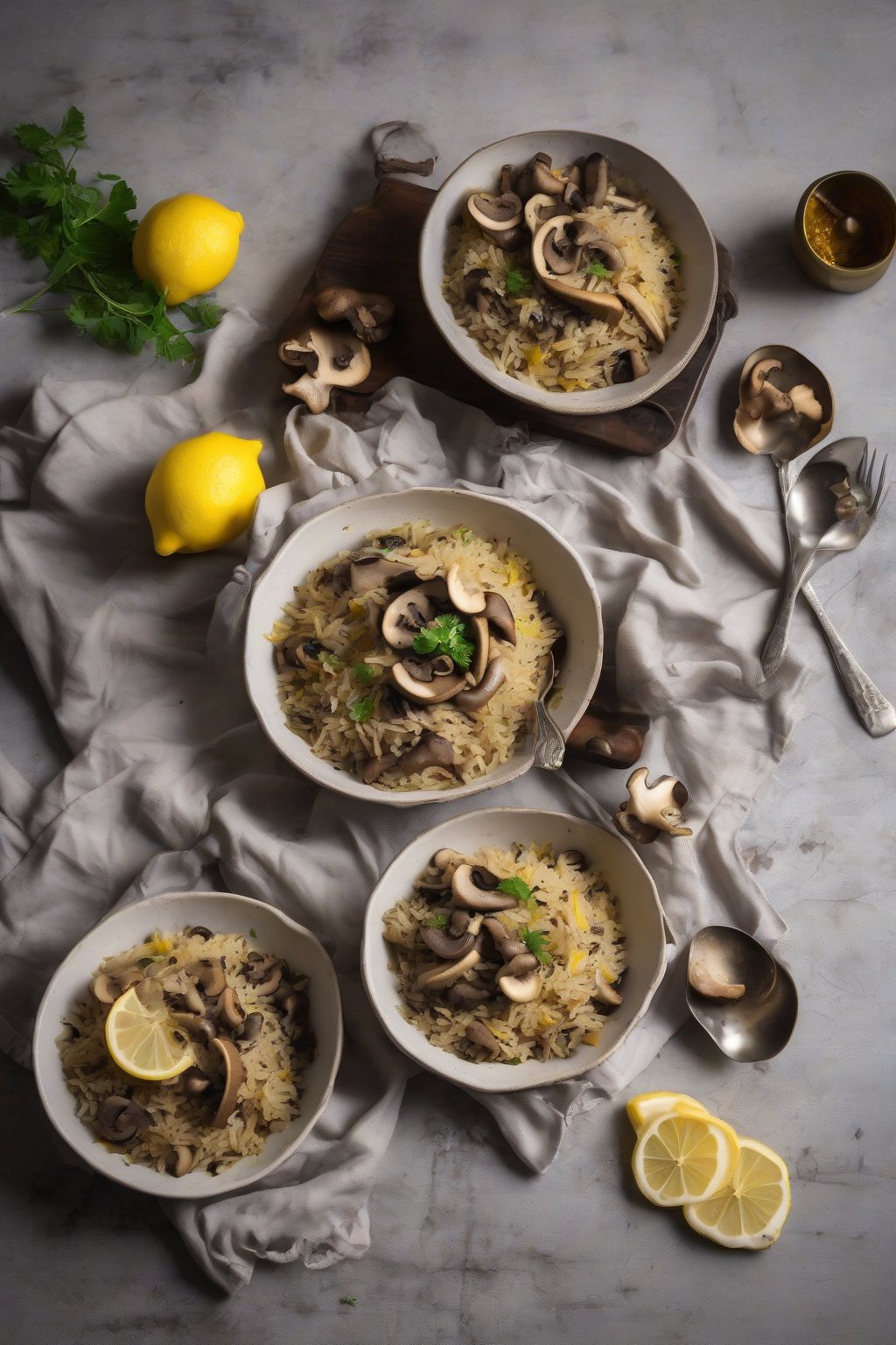 A high-resolution photo of mushroom pulao with sliced earthy mushrooms and lemon wedges, buttery shine, under soft lighting.