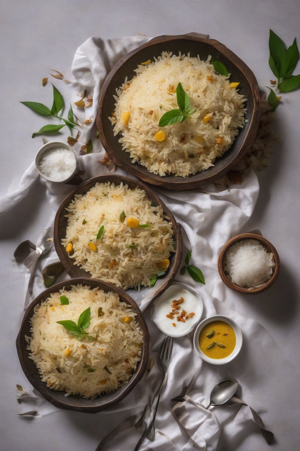 A high-resolution photo of coconut pulao with creamy white rice flecked with curry leaves, under soft lighting.