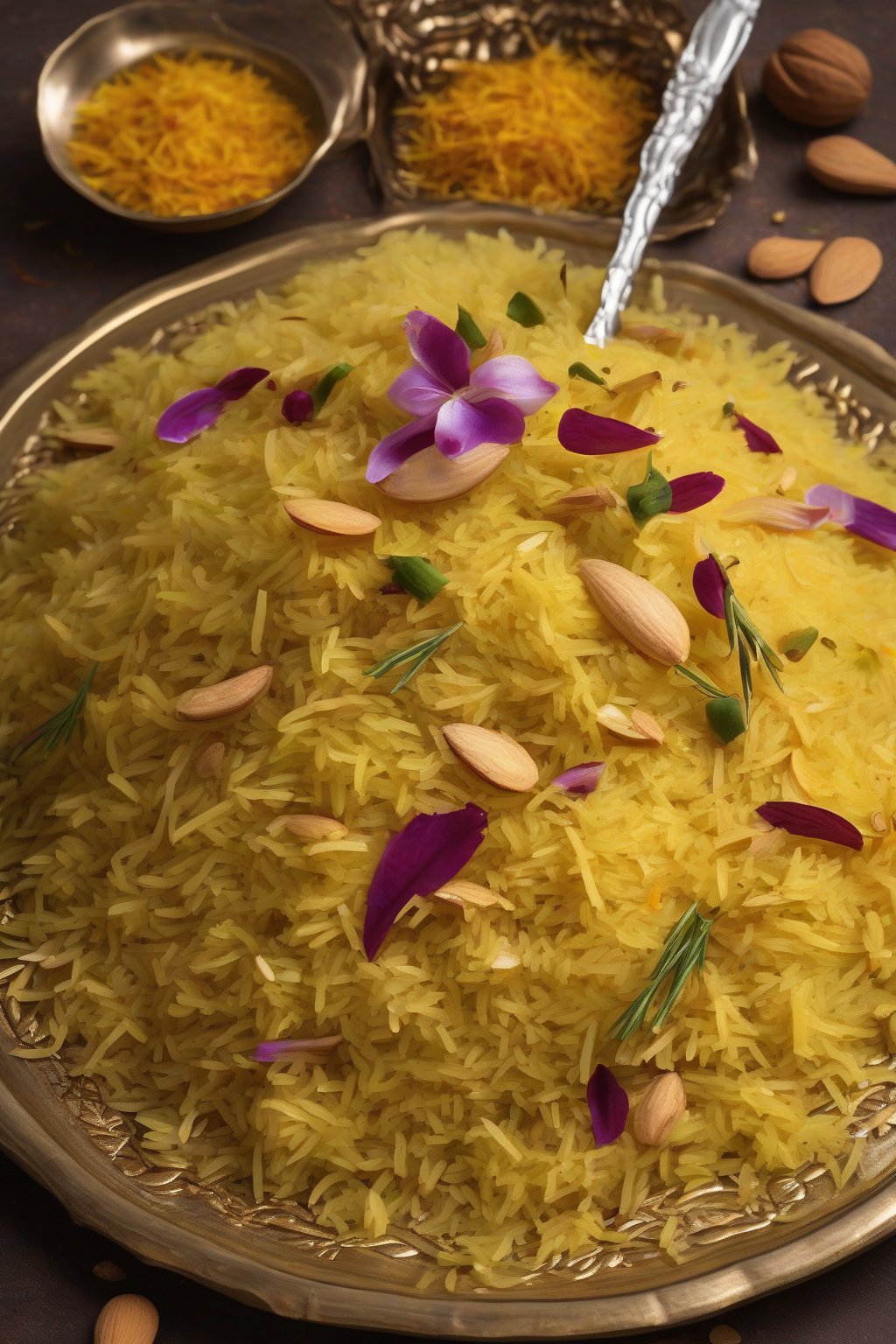 A high-resolution photo of saffron pulao with golden hues and almond slivers, aromatic steam, under soft lighting.