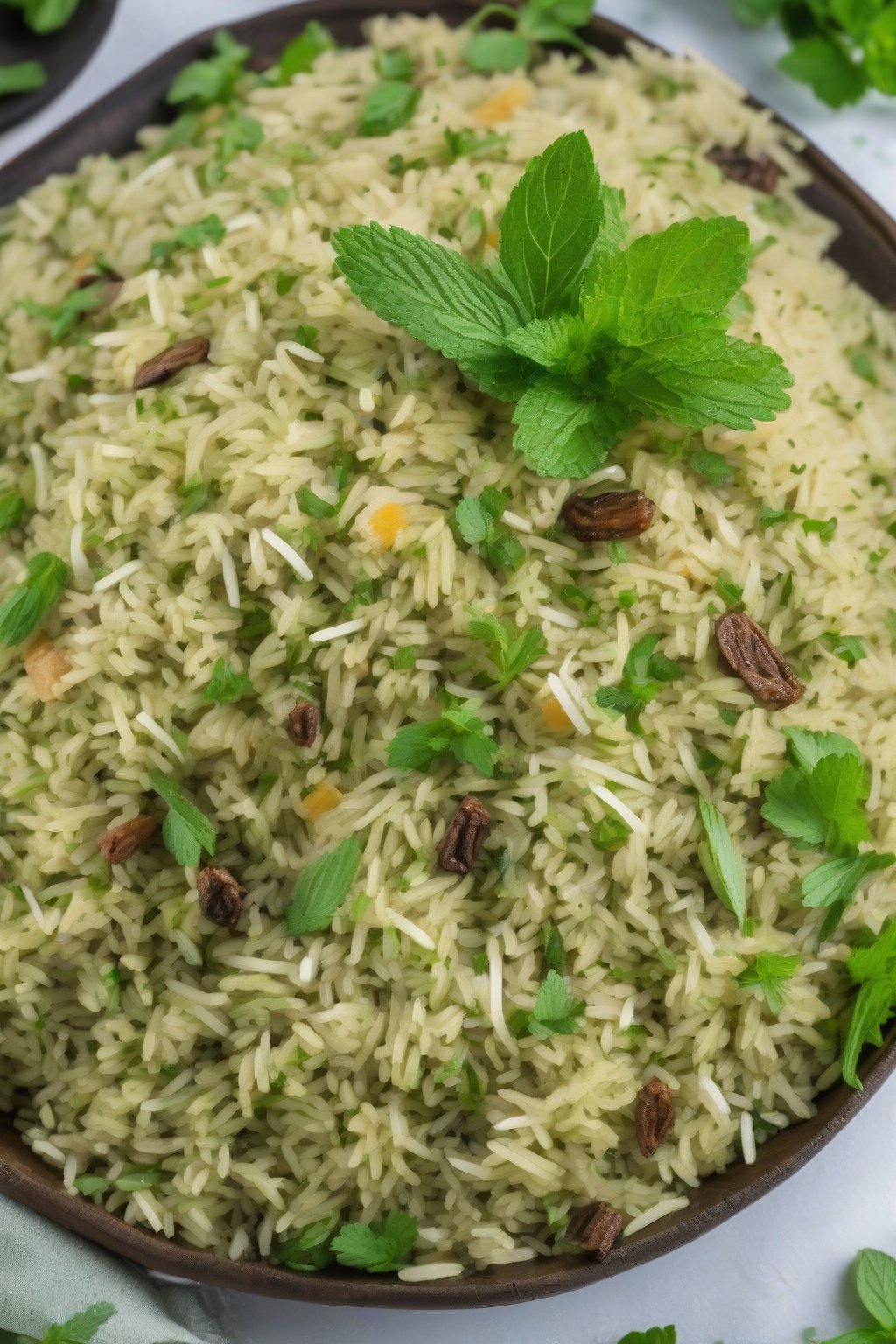 A high-resolution photo of vibrant green-tinged mint pulao garnished with fresh herbs, under soft lighting.