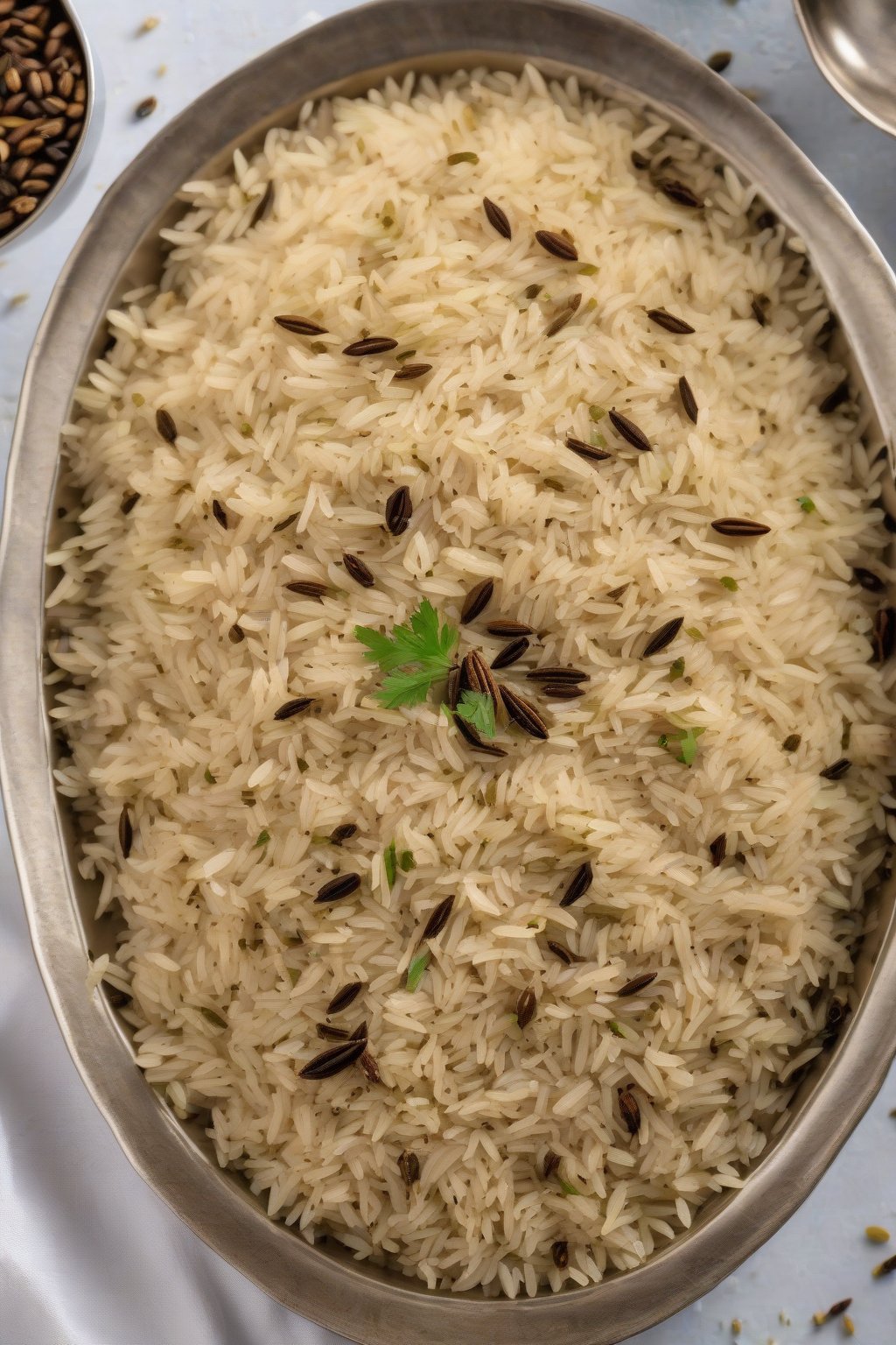 A high-resolution photo of jeera pulao with toasted cumin seeds dotting white rice, simple elegance, under soft lighting.