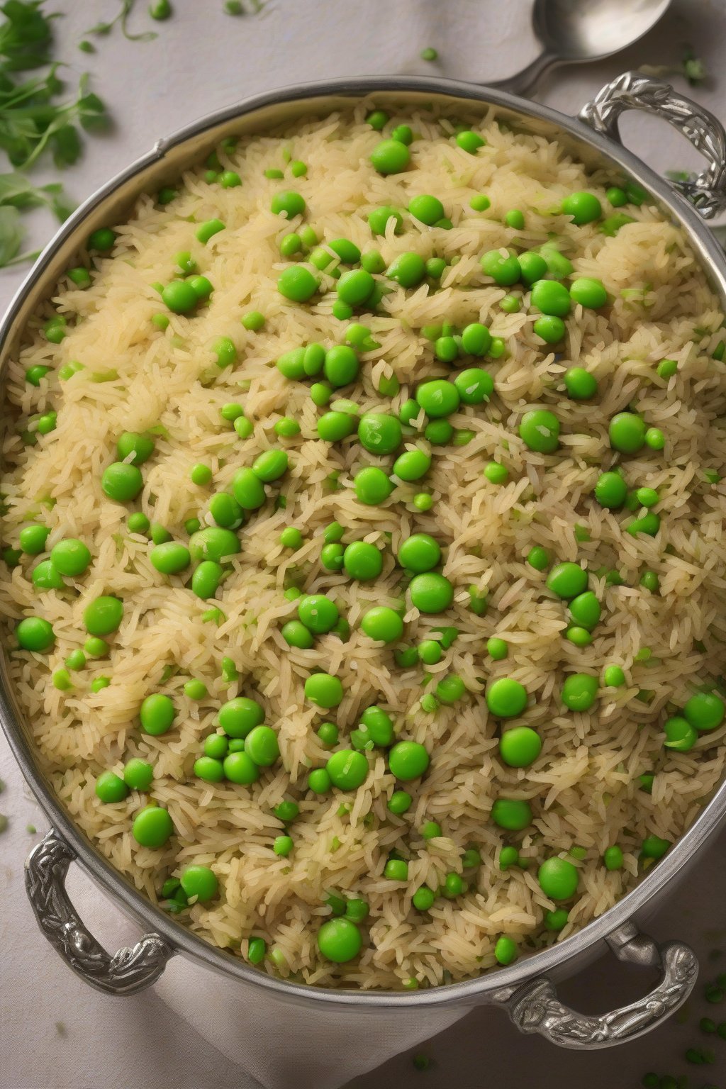A high-resolution photo of matar pulao with bright green peas amid fluffy grains, under soft lighting.