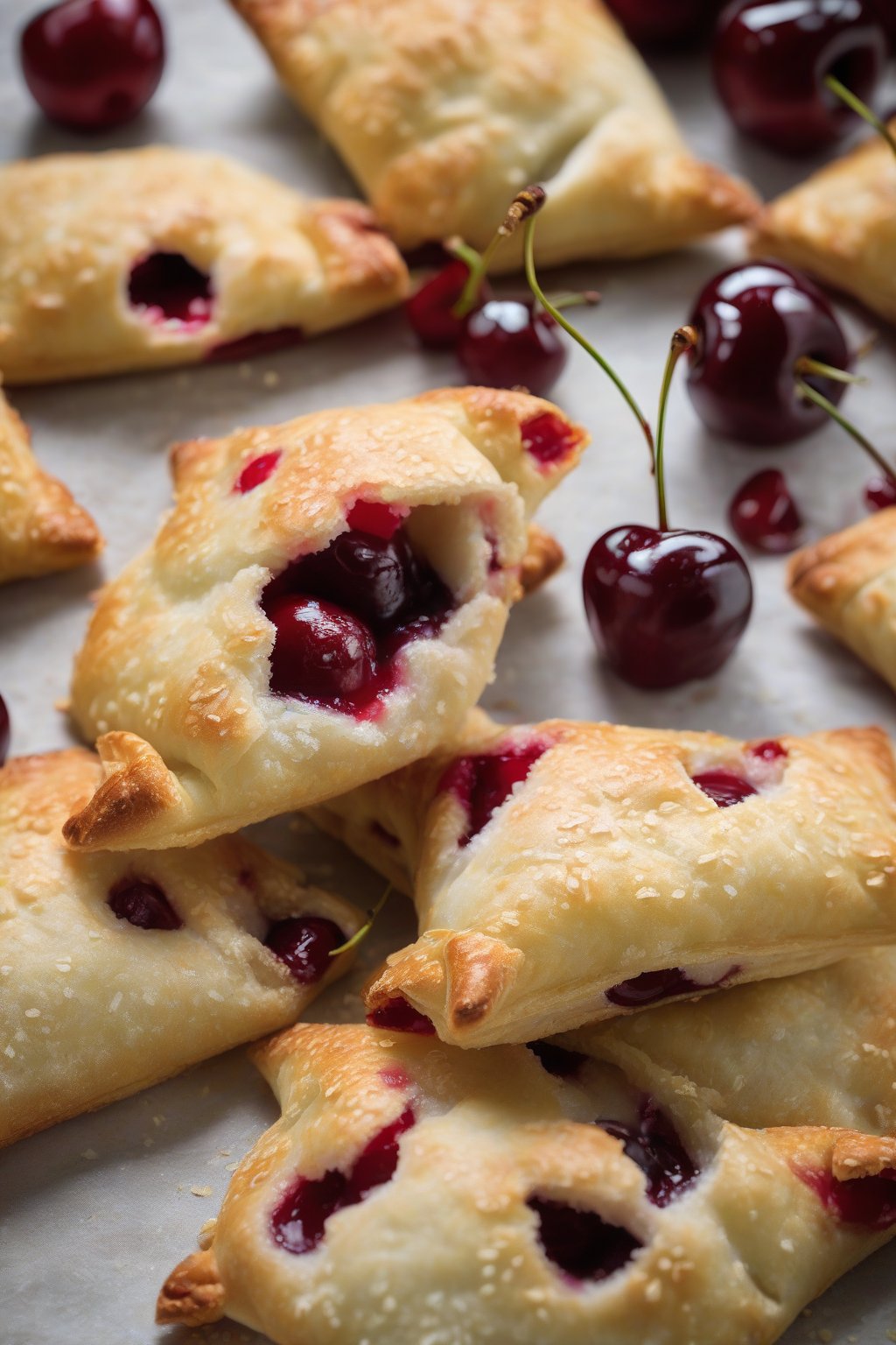 A high-resolution photo of hot water pie crust pockets filled with cherries, flaky and golden, under soft lighting.