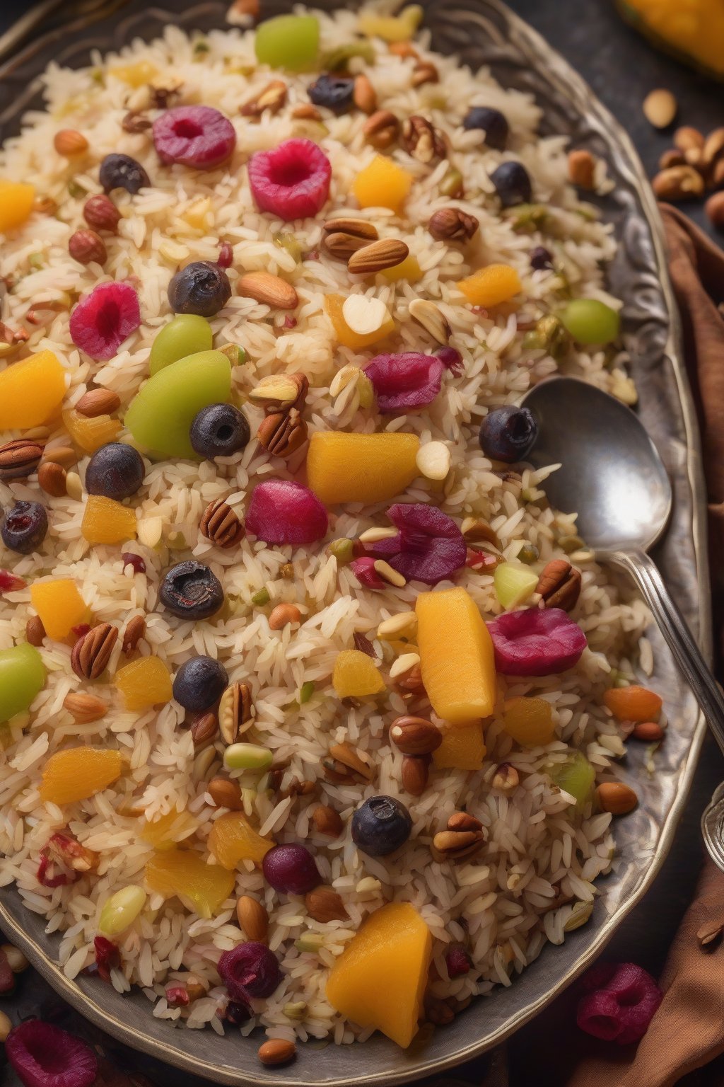 A high-resolution photo of Kashmiri pulao with fruit pieces and nuts in colorful rice, under soft lighting.