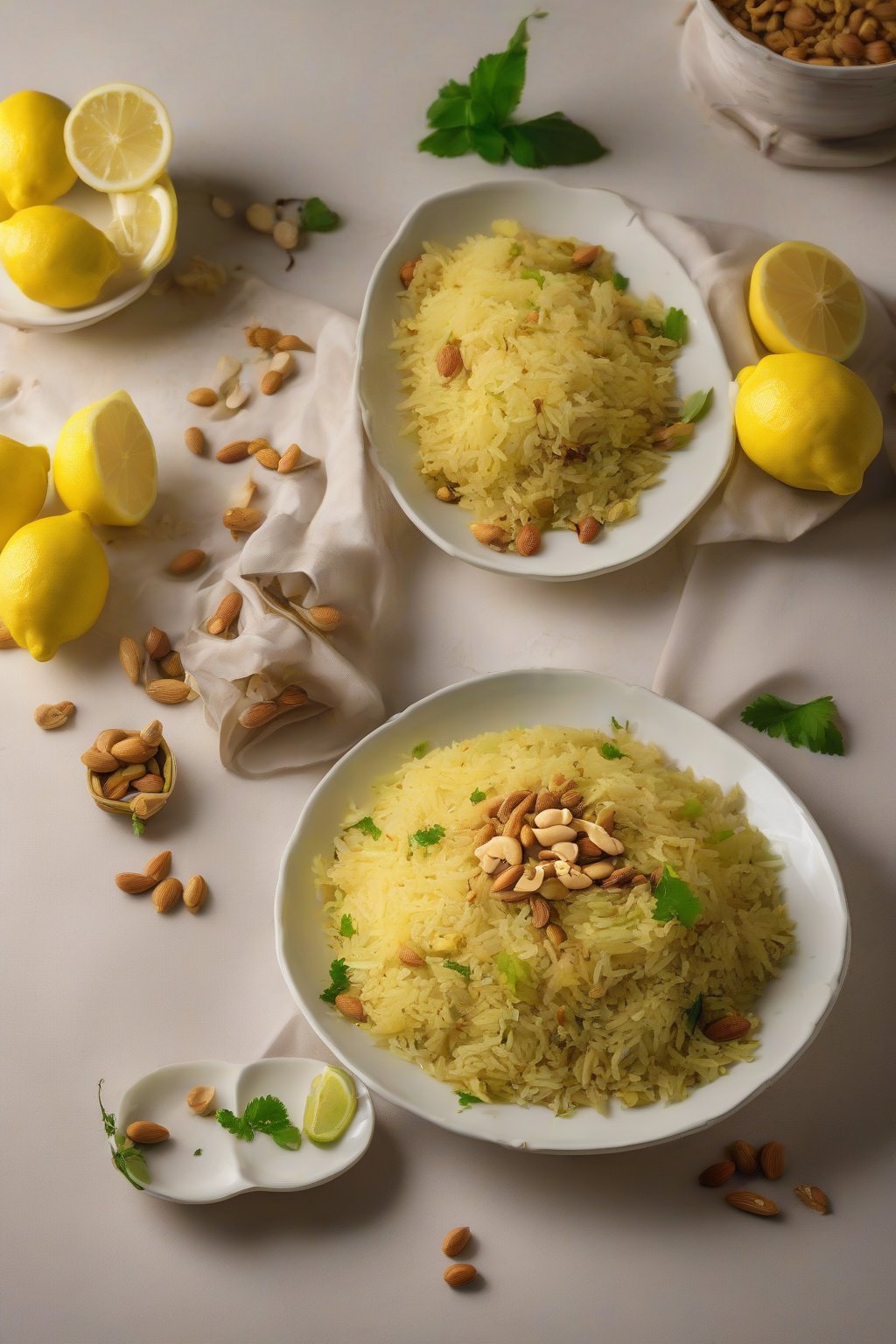 A high-resolution photo of lemon pulao with peanut crunch and zesty yellow tinges, under soft lighting.