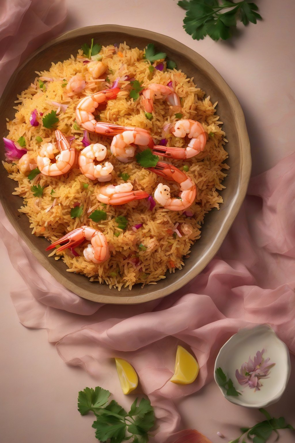 A high-resolution photo of prawn pulao with pink prawns nestled in spiced rice, under soft lighting.
