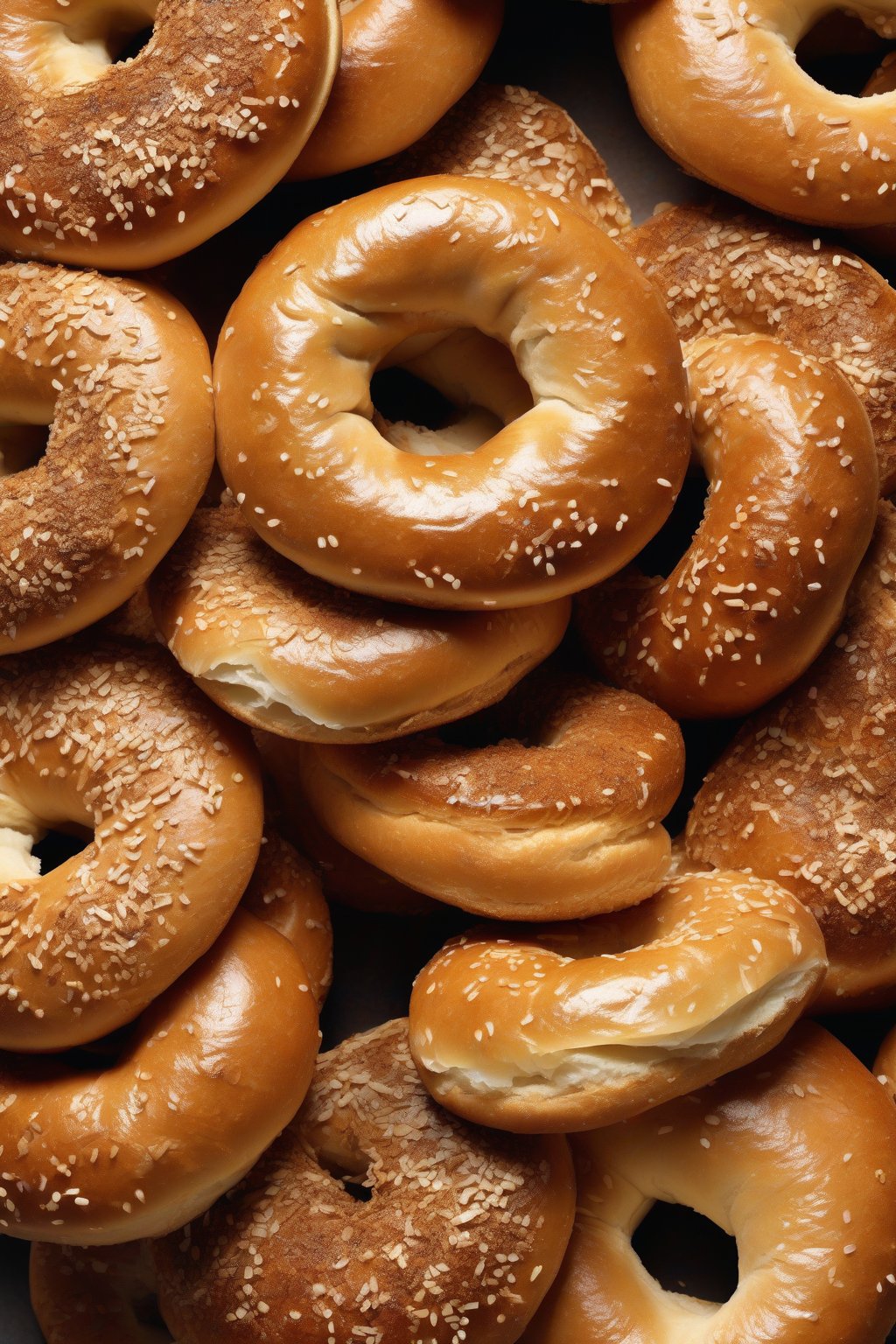 A high-resolution photo of a stack of golden-brown classic plain boiled bagels with a shiny crust, split open to show chewy crumb, under soft lighting.