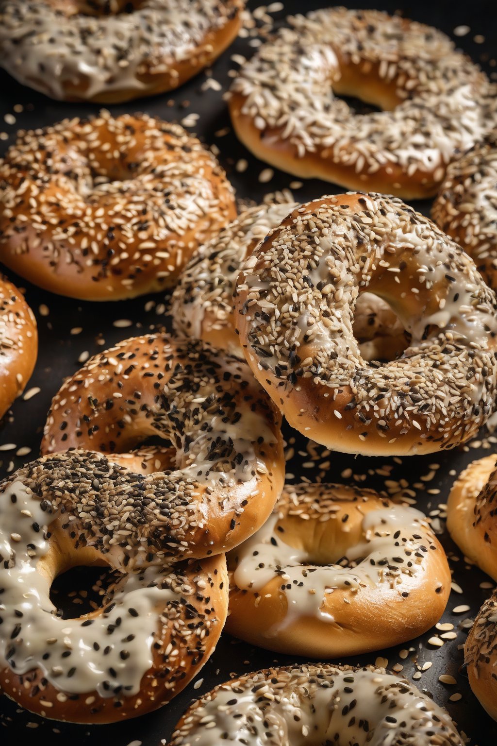 A high-resolution photo of everything bagels topped with seeds and flakes, steaming fresh from the oven with a glossy boil sheen, under soft lighting.