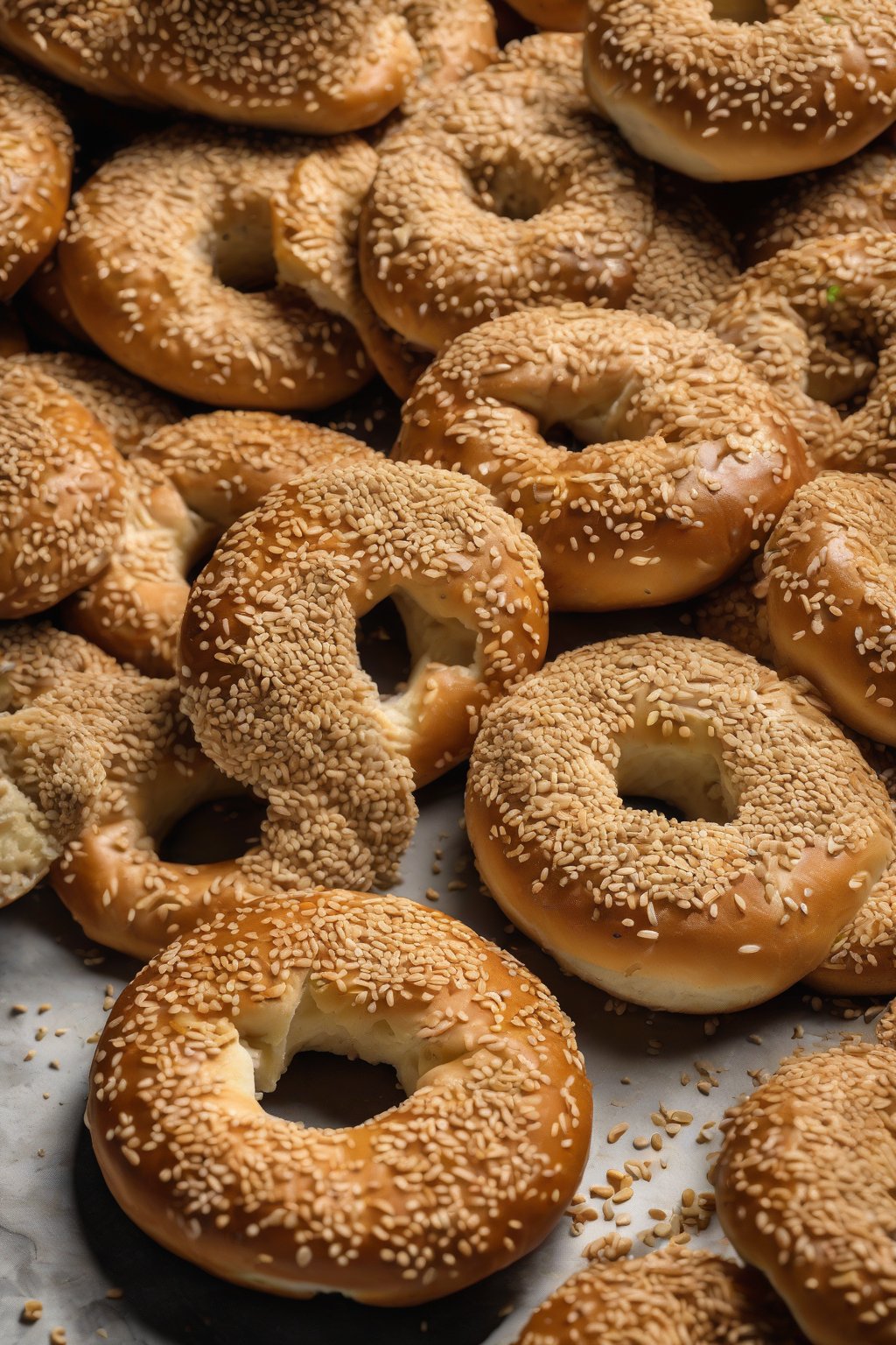A high-resolution photo of sesame seed-crusted boiled bagels, one sliced to reveal airy holes, under soft lighting.