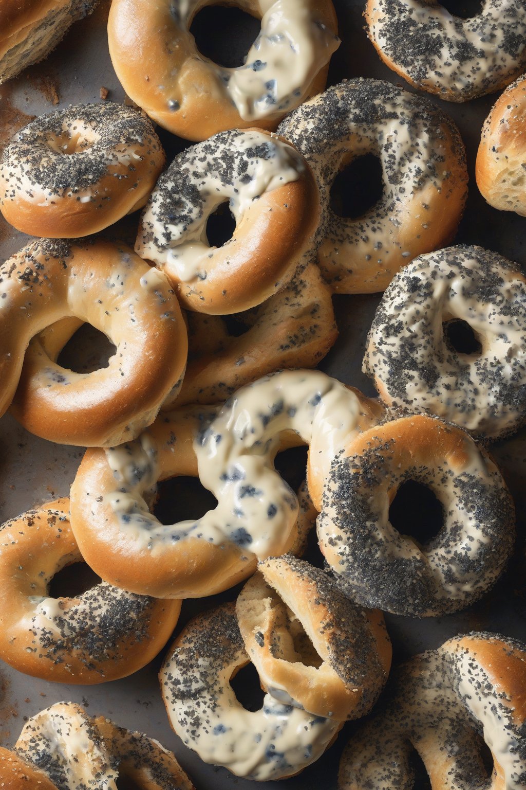 A high-resolution photo of poppy seed bagels with blue-black flecks on a shiny crust, beside a cream cheese tub, under soft lighting.