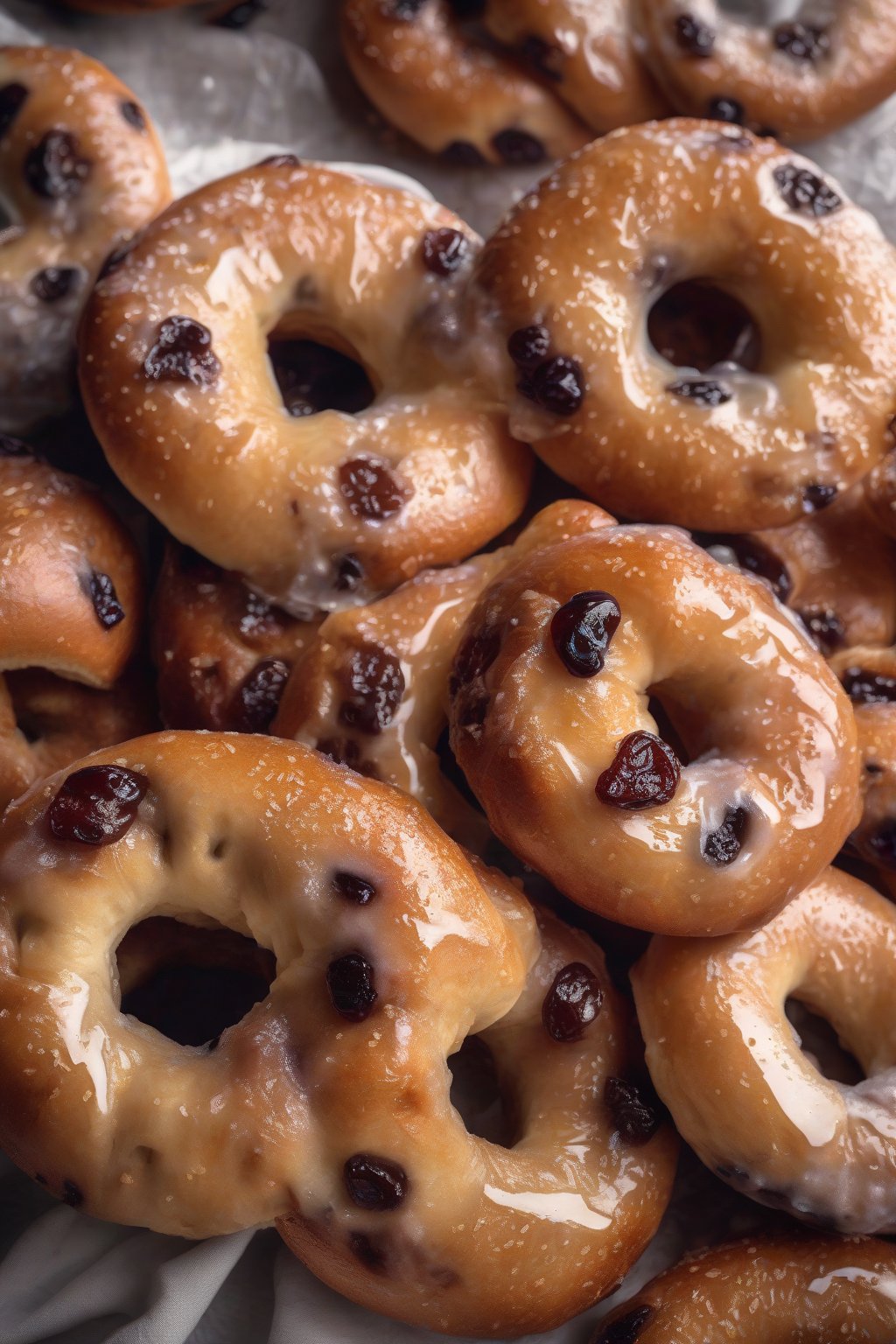 A high-resolution photo of cinnamon raisin boiled bagels, oozing plump raisins with a sugary dusting, under soft lighting.