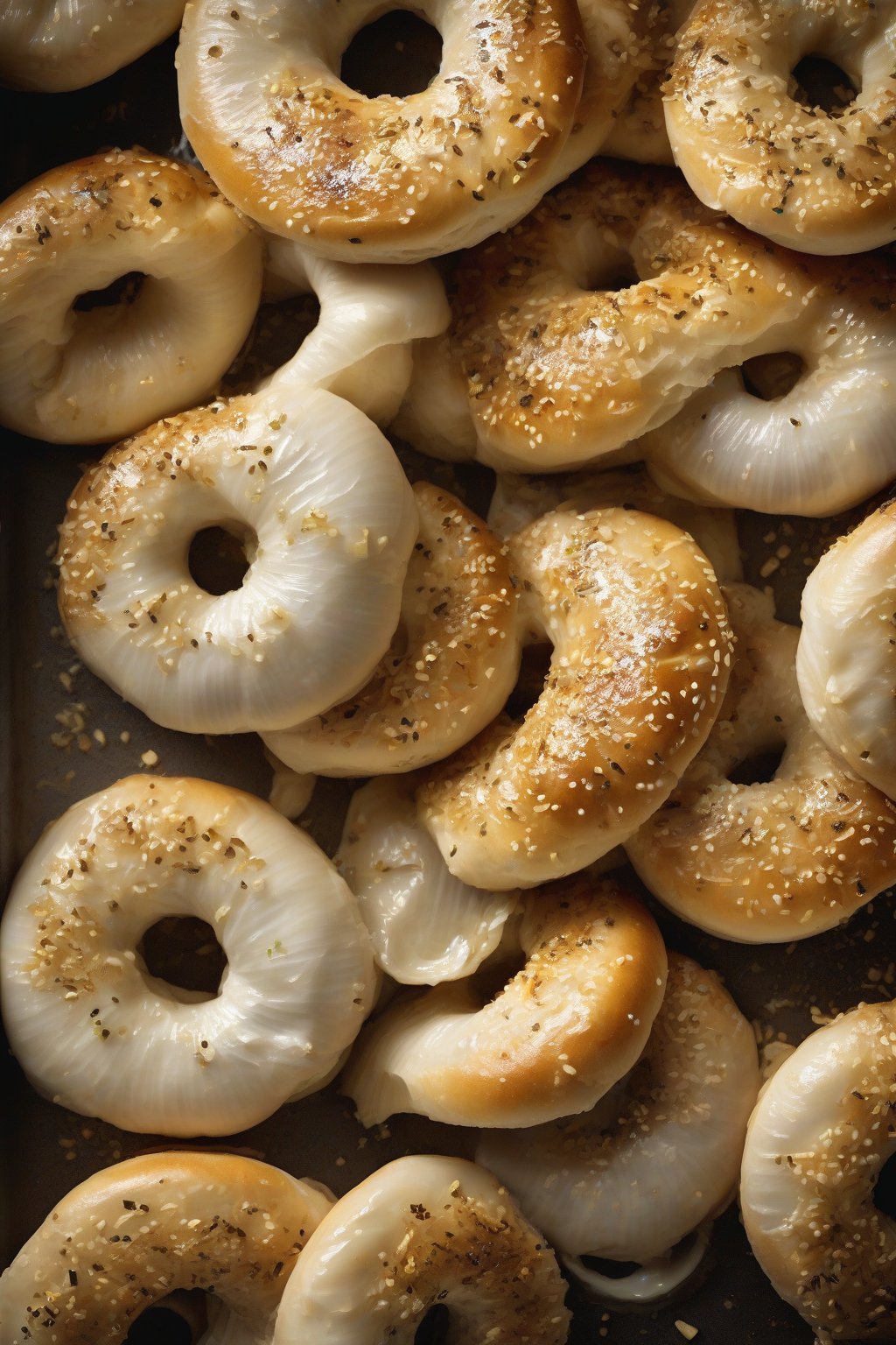 A high-resolution photo of garlic boiled bagels with golden flecks, steam rising, under soft lighting.