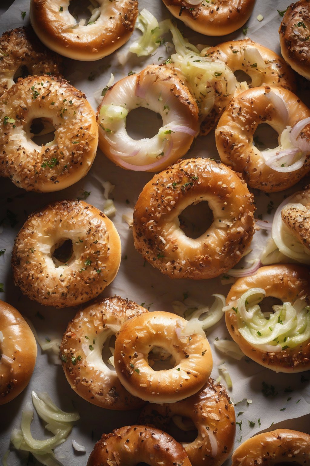 A high-resolution photo of onion-topped boiled bagels, crispy edges and rehydrated bits, under soft lighting.