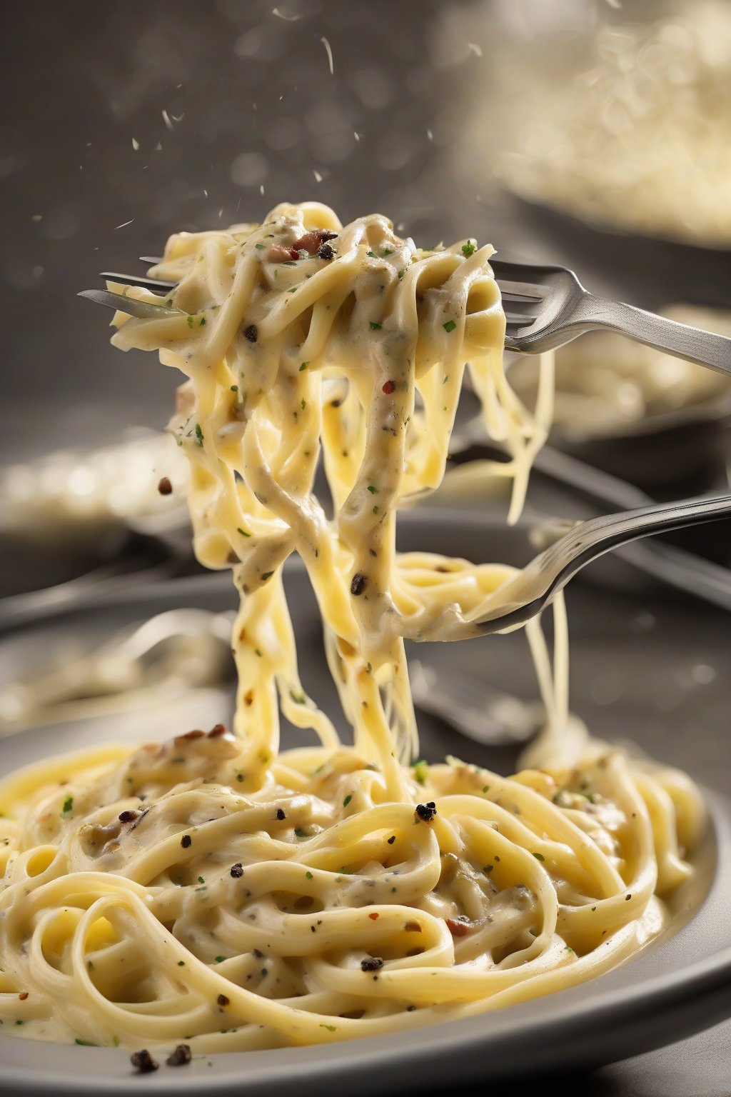 A high-resolution photo of fettuccine carbonara swirled elegantly, silky yellow sauce and dark pepper flecks, under soft lighting.
