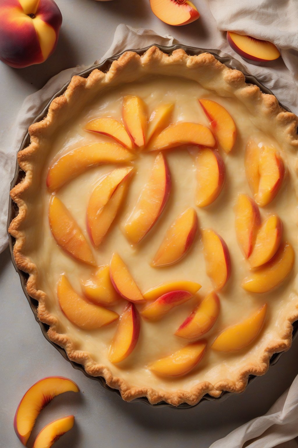 A high-resolution photo of a honey butter pie crust with peach slices, glistening flaky top, under soft lighting.