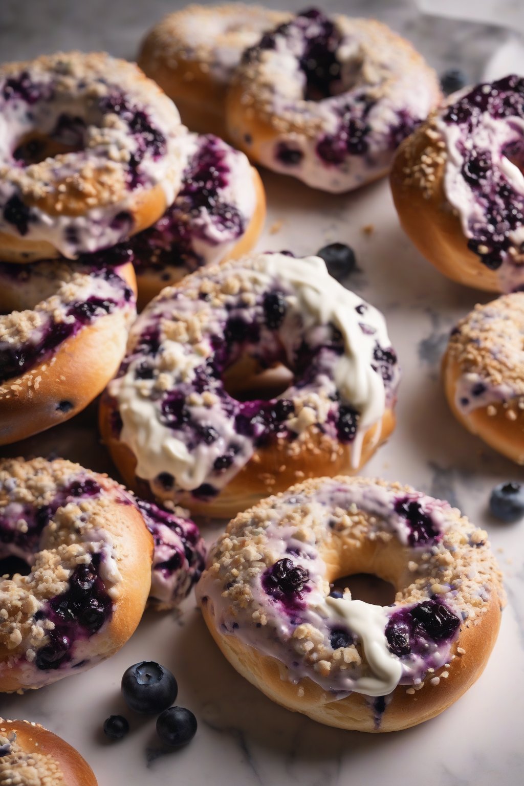 A high-resolution photo of blueberry bagels with purple-speckled crumb, one halved with cream cheese, under soft lighting.