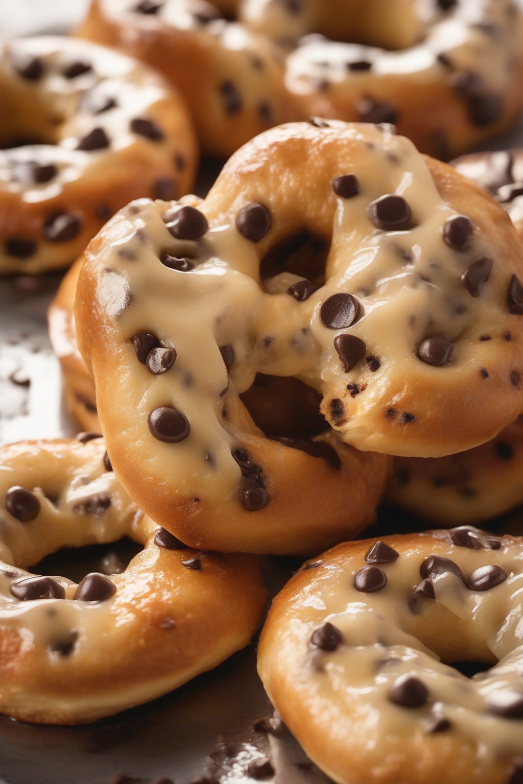 A high-resolution photo of chocolate chip boiled bagels, gooey chips peeking through shiny crust, under soft lighting.