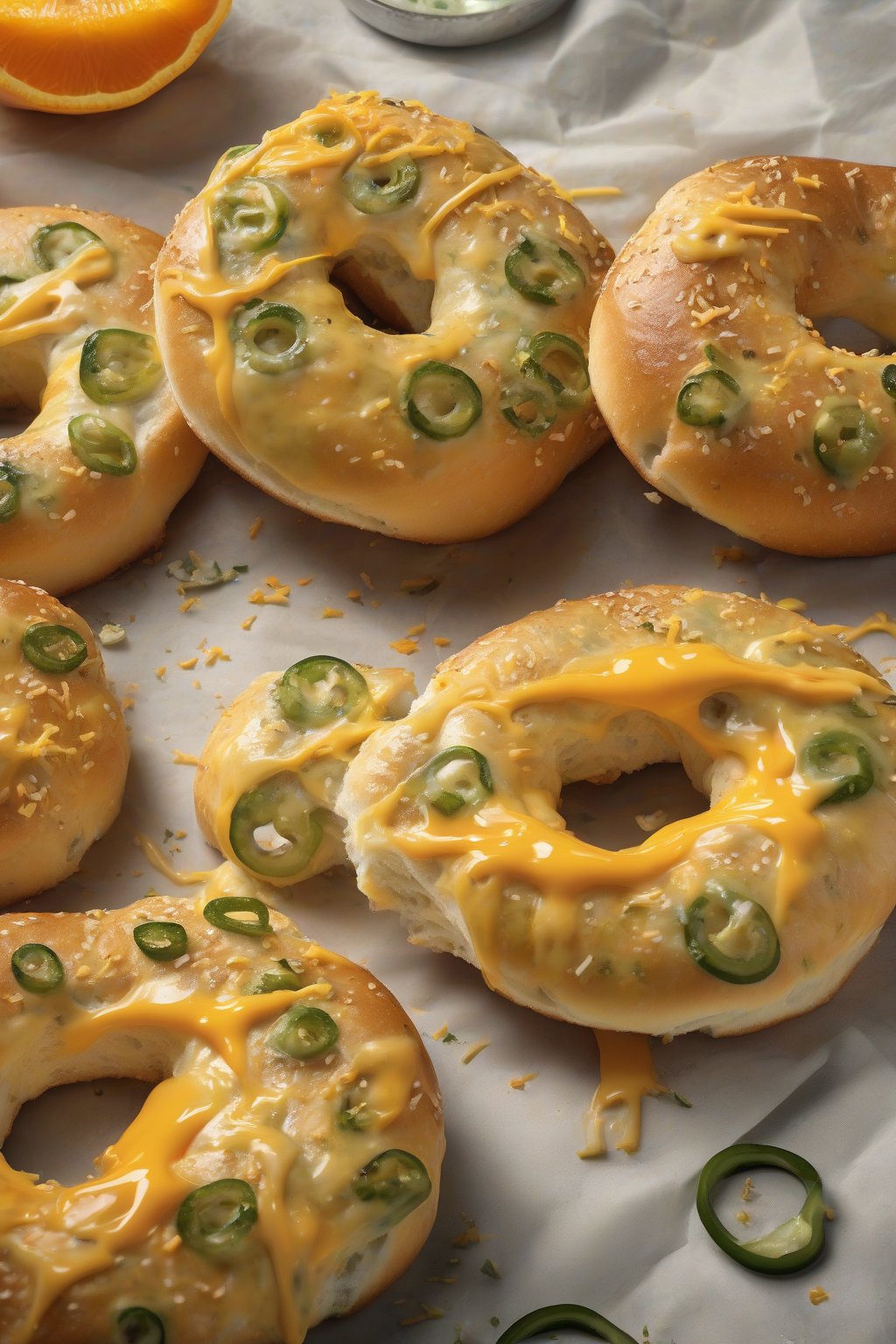 A high-resolution photo of jalapeño cheddar bagels melting with green flecks and orange cheese pull, under soft lighting.