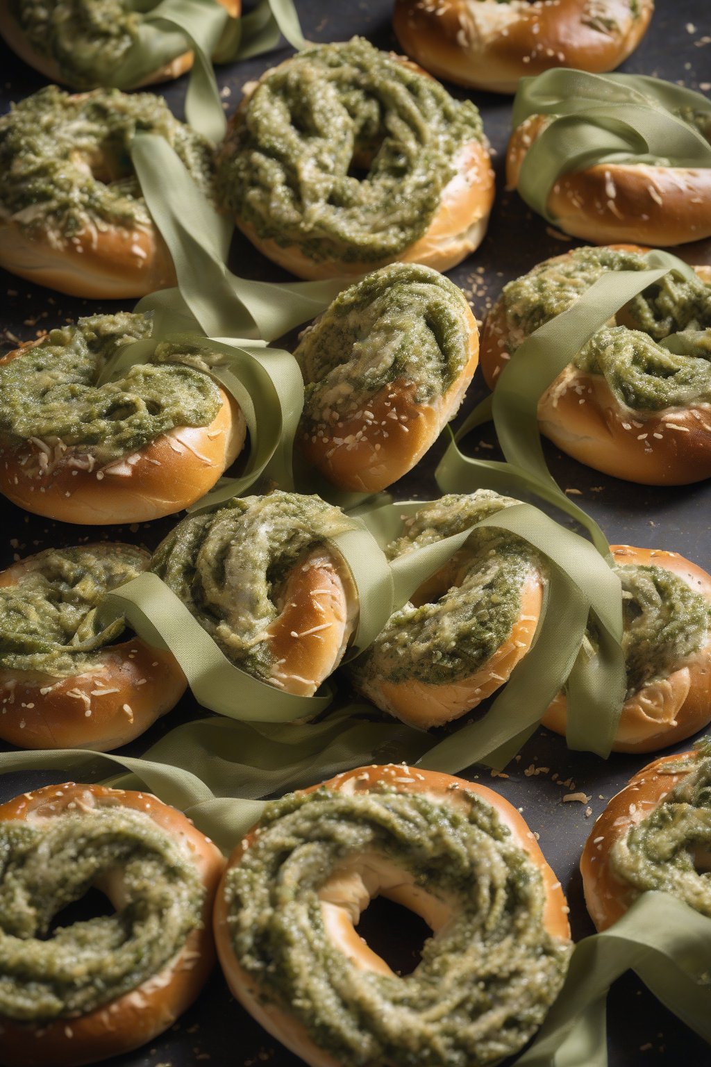 A high-resolution photo of pesto-swirled boiled bagels, green ribbons in the crumb, under soft lighting.