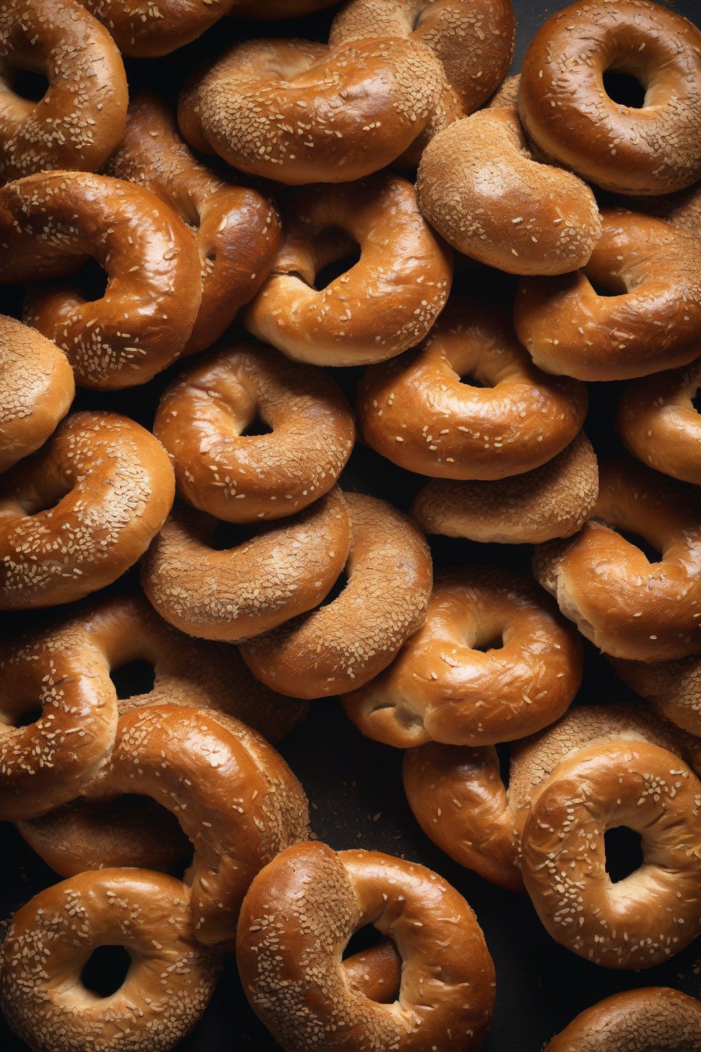 A high-resolution photo of whole wheat boiled bagels, rustic golden hue and hearty texture, under soft lighting.
