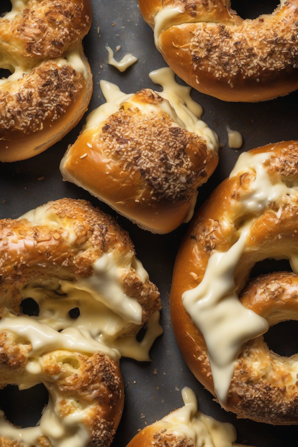 A high-resolution photo of Asiago-crusted boiled bagels with melted cheese edges, under soft lighting.