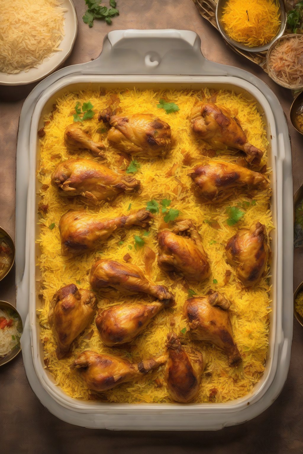 A high-resolution photo of steaming Hyderabadi chicken biryani layered with golden saffron rice and tender chicken pieces under soft lighting.