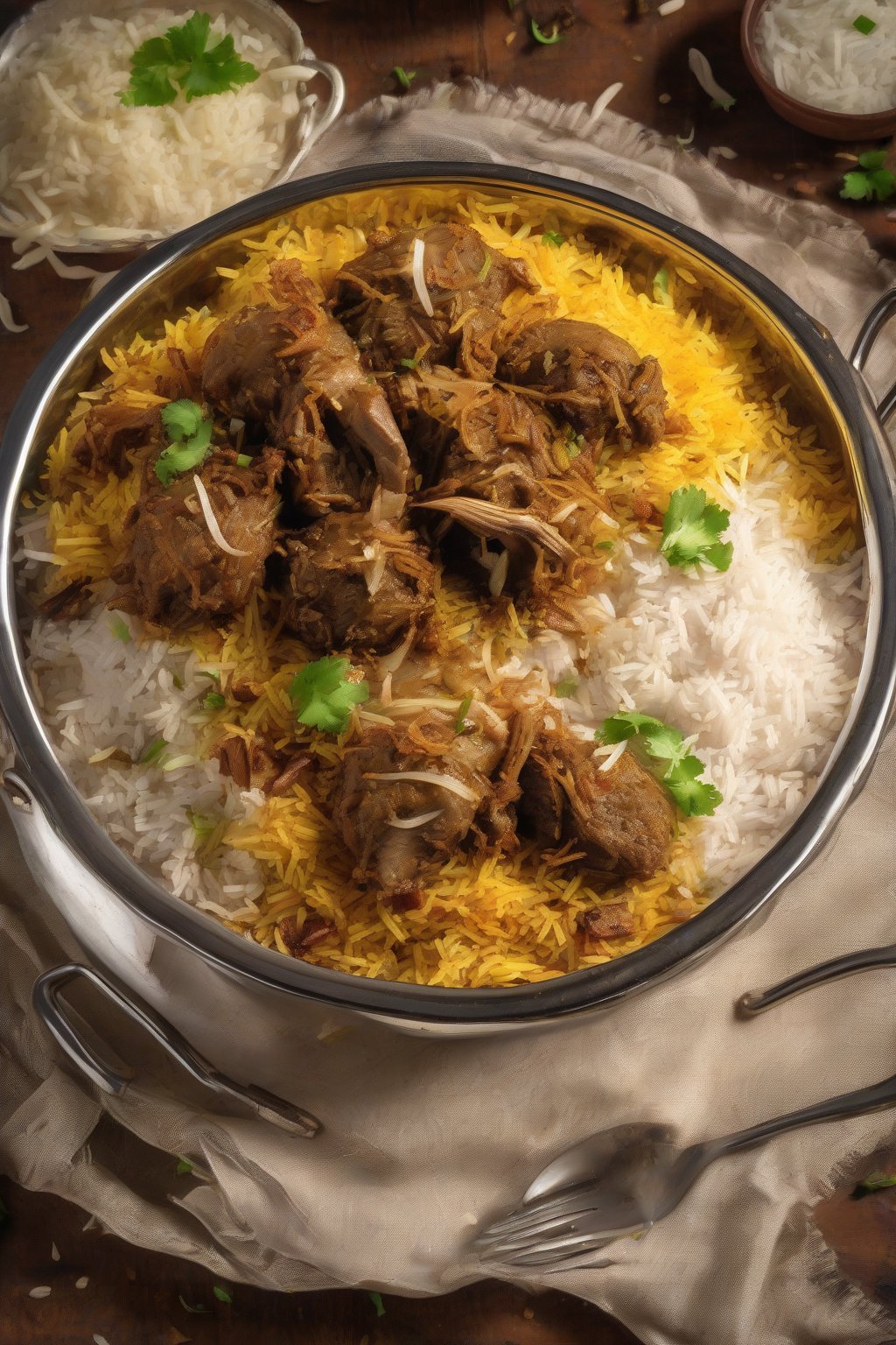 A high-resolution photo of Lucknowi mutton biryani with fluffy rice, chunks of melt-in-mouth mutton, and garnished fried onions under soft lighting.