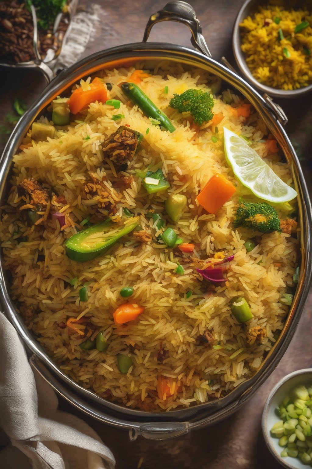 A high-resolution photo of colorful vegetable dum biryani with steamed veggies peeking through aromatic rice under soft lighting.