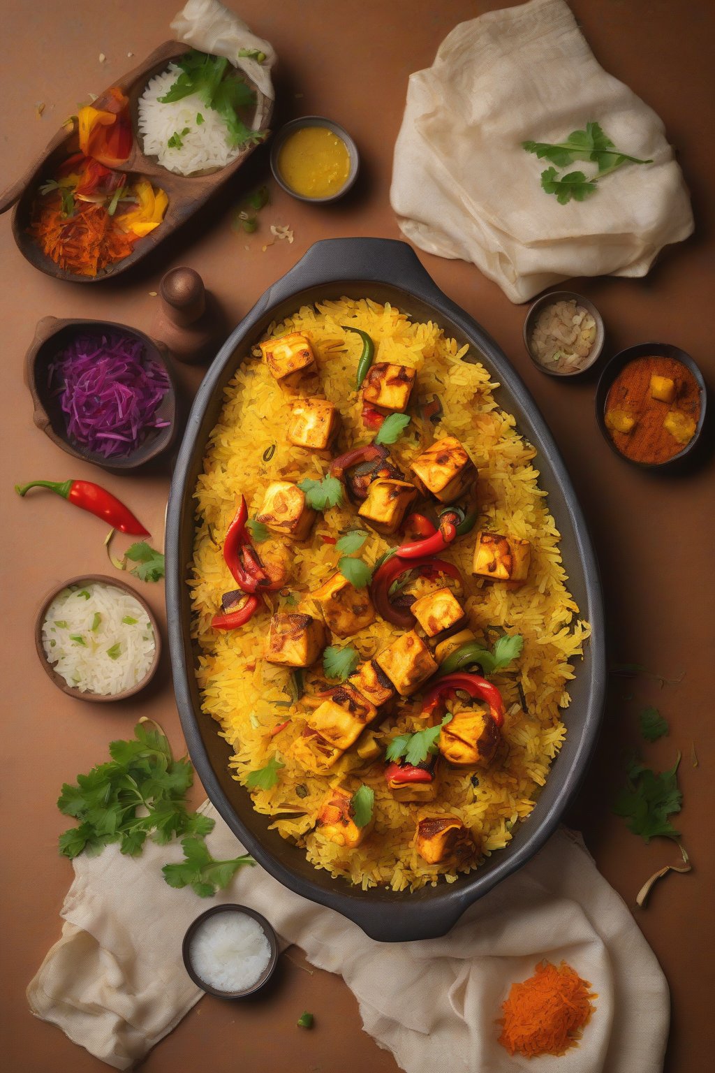 A high-resolution photo of paneer tikka biryani featuring charred paneer cubes and peppers atop saffron-infused rice under soft lighting.