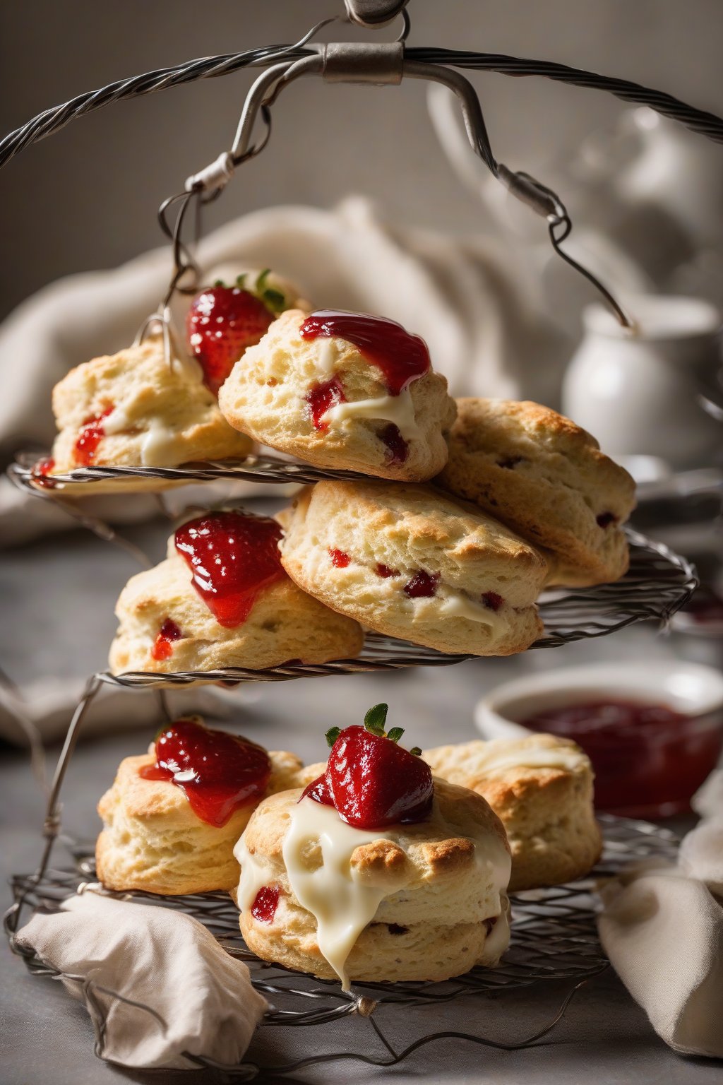 A high-resolution photo of golden classic buttermilk scones on a wire rack, split open with clotted cream and strawberry jam, under soft lighting.