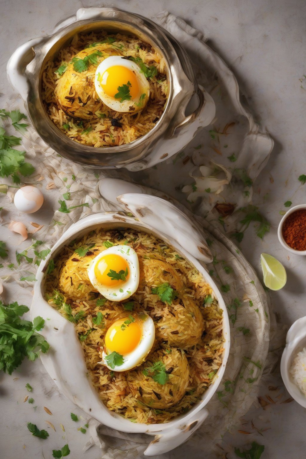A high-resolution photo of egg dum biryani with halved eggs nestled in spiced rice and garnished with herbs under soft lighting.