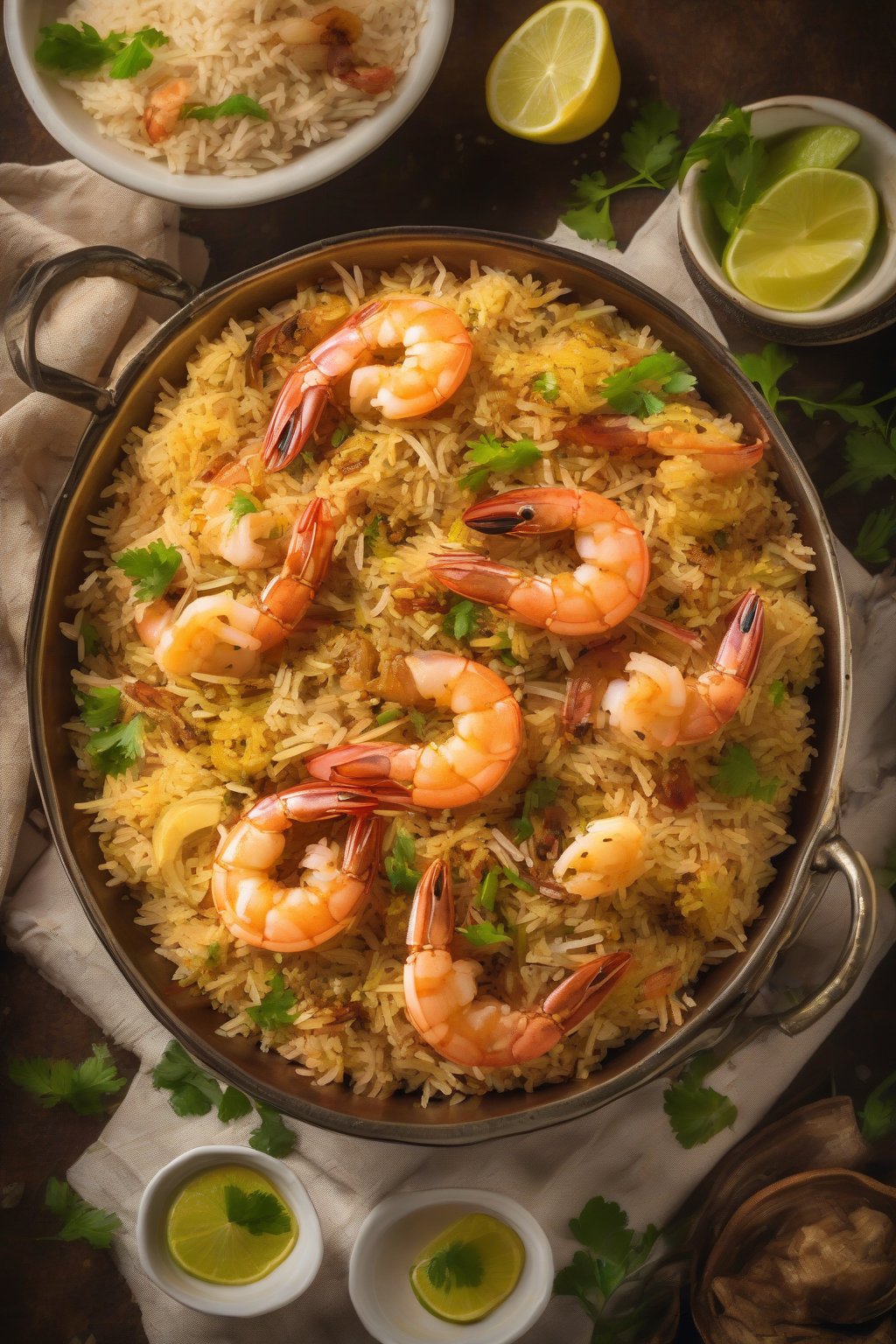 A high-resolution photo of prawn Malabar biryani with glossy prawns over coconutty rice under soft lighting.