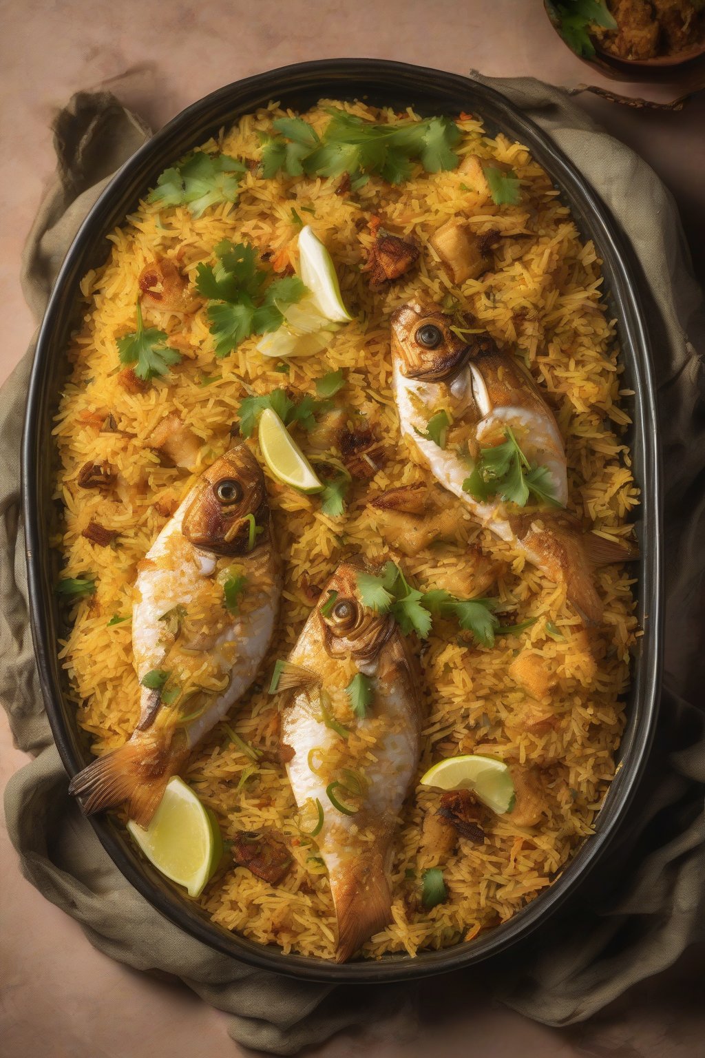A high-resolution photo of fish biryani showcasing flaky fish pieces in spiced coconut rice under soft lighting.