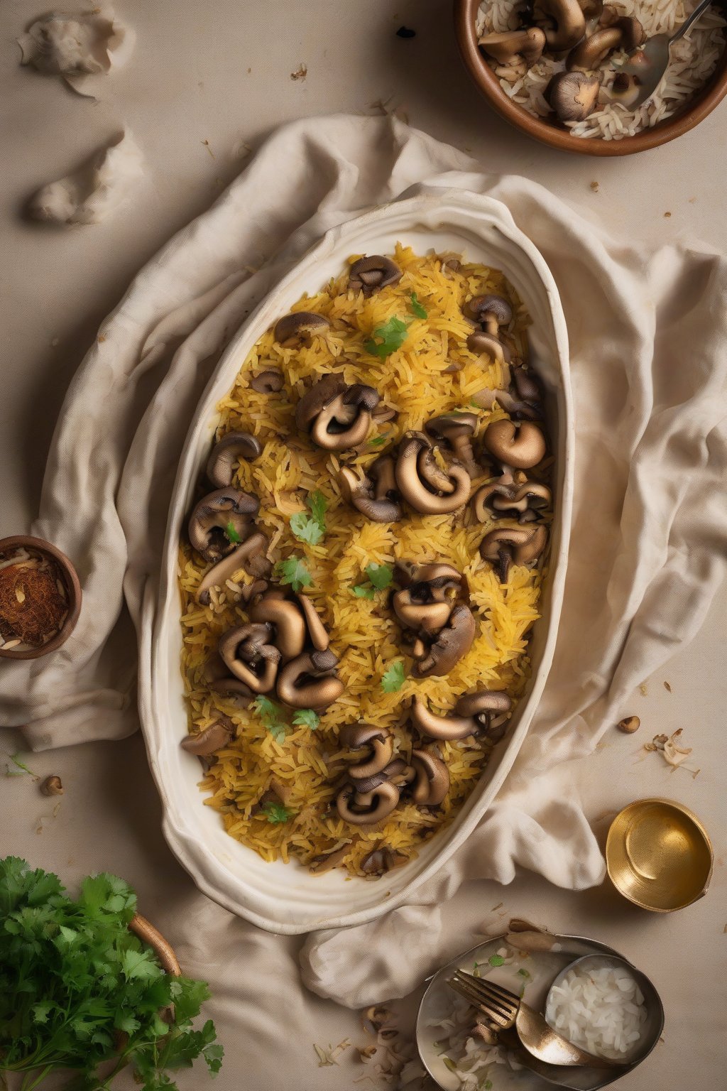 A high-resolution photo of mushroom masala biryani with plump mushrooms buried in fragrant rice under soft lighting.