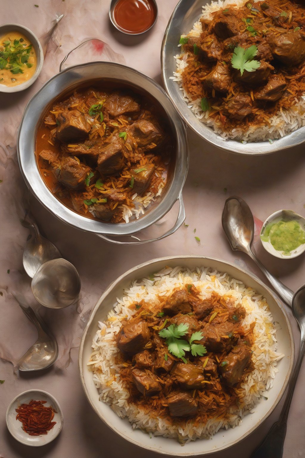 A high-resolution photo of lamb rogan Josh biryani with gravy-soaked lamb chunks and red-tinged rice under soft lighting.