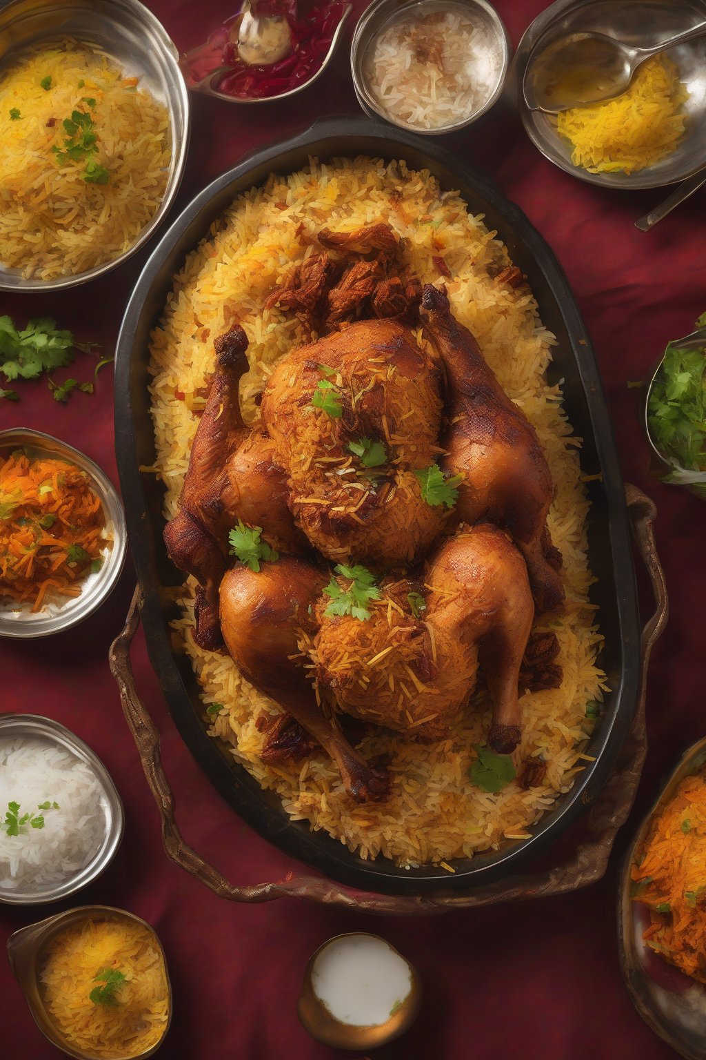 A high-resolution photo of chicken 65 biryani with crispy red-hued chicken atop steaming rice under soft lighting.