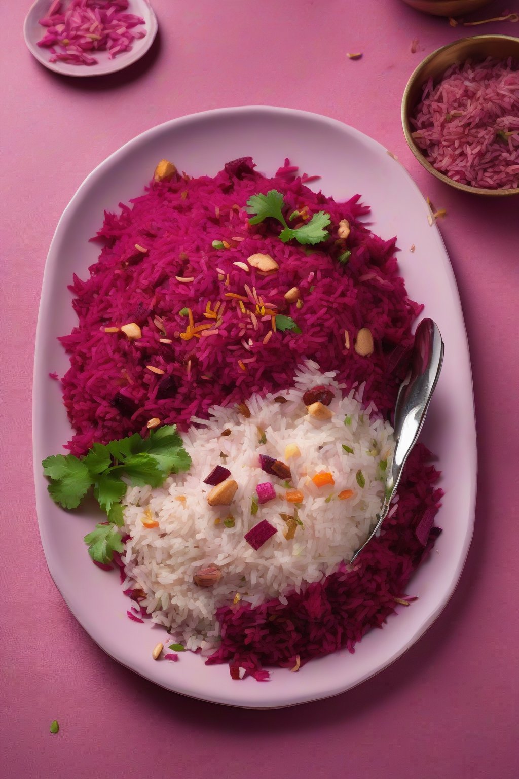 A high-resolution photo of beetroot yogurt biryani with pink-stained rice and beet chunks under soft lighting.
