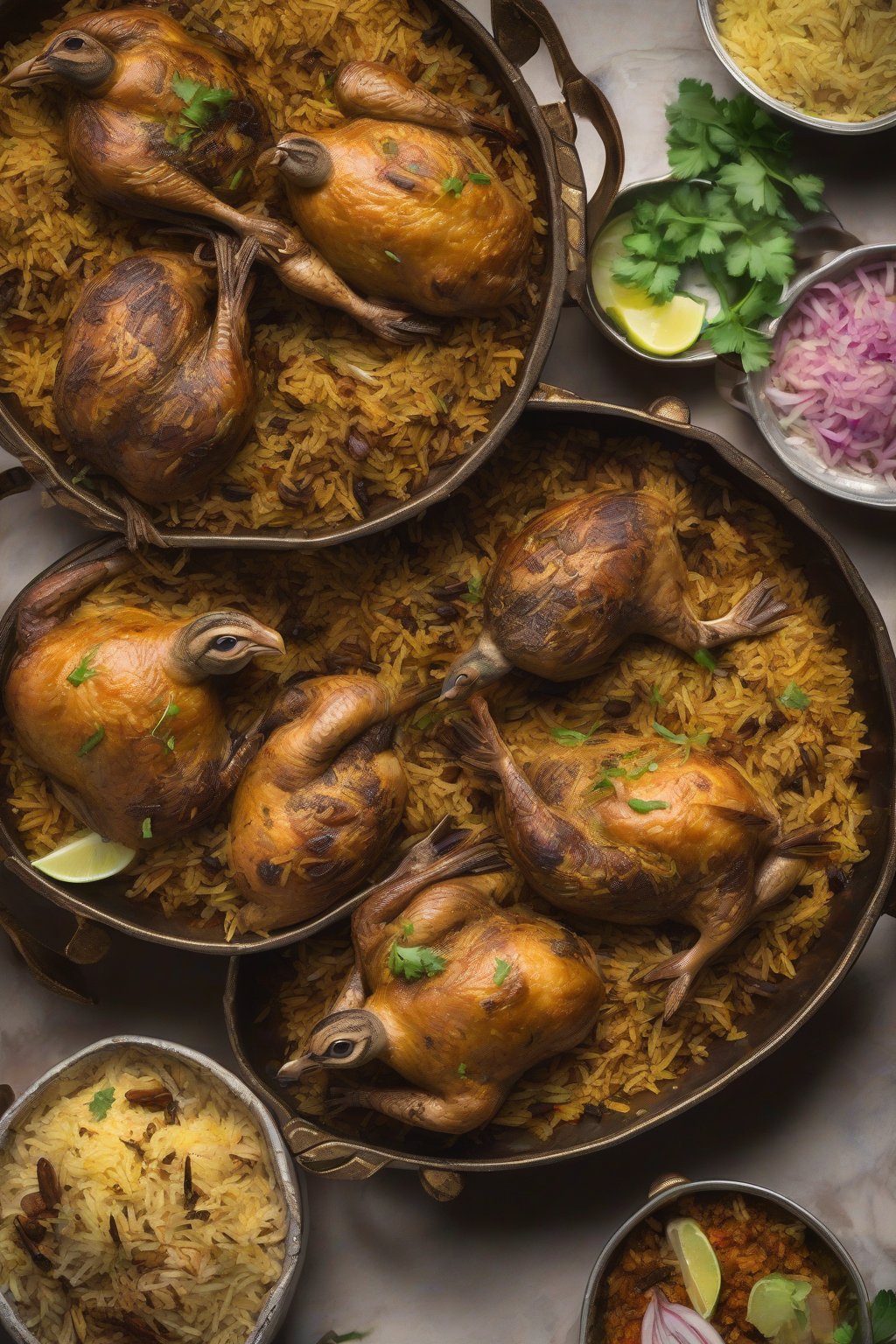 A high-resolution photo of quail biryani featuring small whole quails in aromatic spiced rice under soft lighting.