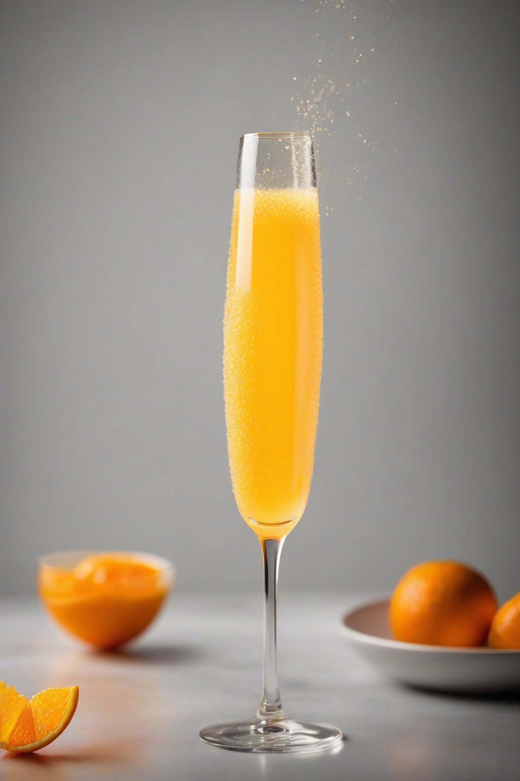 A high-resolution photo of a classic orange mimosa in a tall flute glass, fizzing with bubbles and garnished with an orange twist, under soft lighting.