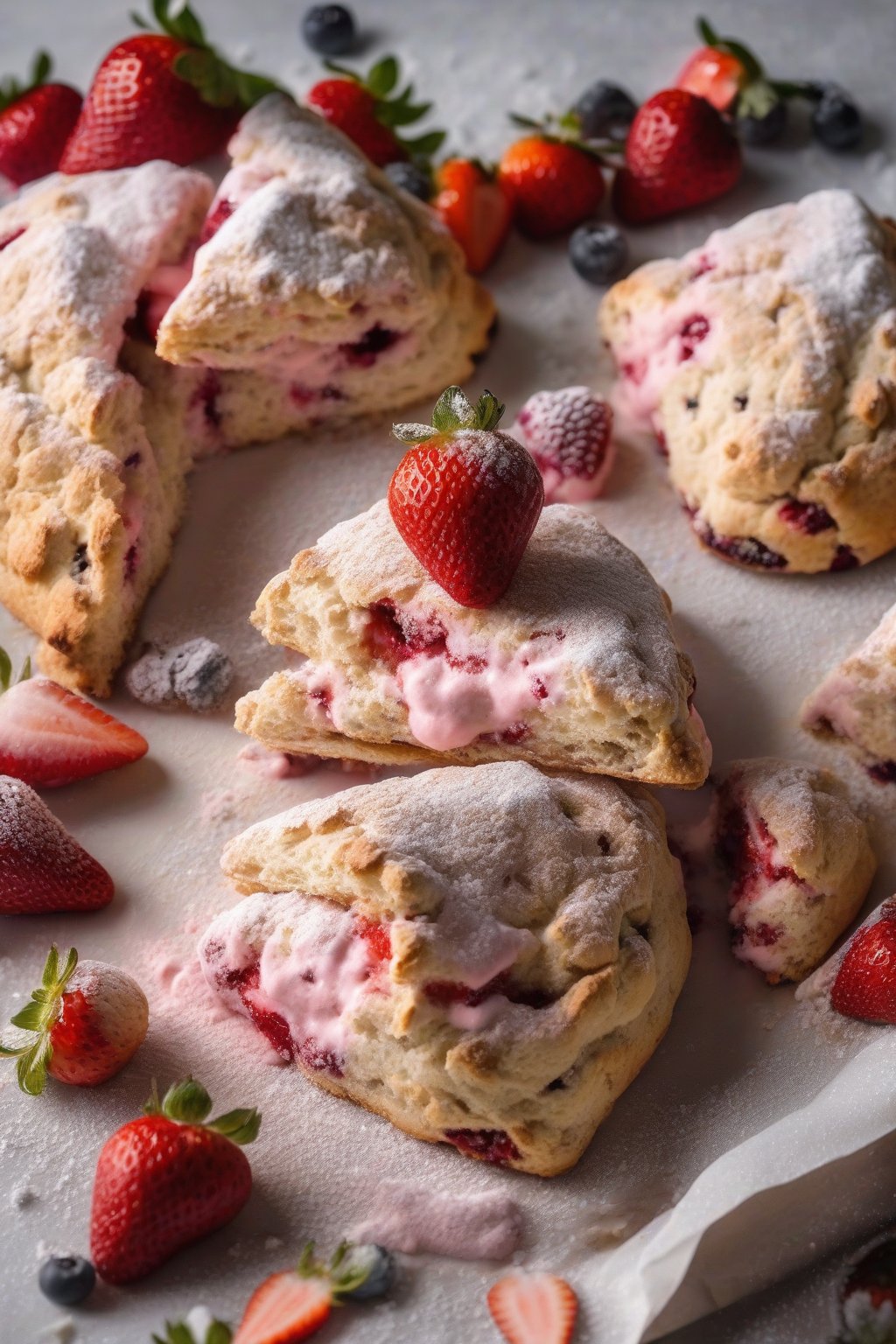 A high-resolution photo of pink-flecked strawberry cream scones dusted with powdered sugar, one halved to show juicy berries inside, under soft lighting.