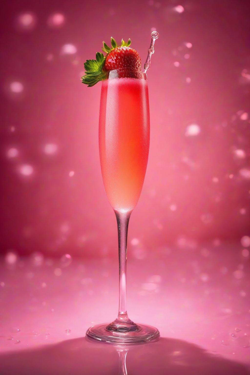 A high-resolution photo of a strawberry bliss mimosa glowing pink in a flute, layered with puree and topped with bubbles and a strawberry garnish, under soft lighting.