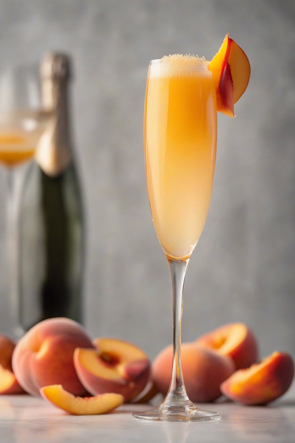 A high-resolution photo of a peachy keen mimosa with golden layers and fizzing top in a flute glass, rimmed with a fresh peach slice, under soft lighting.