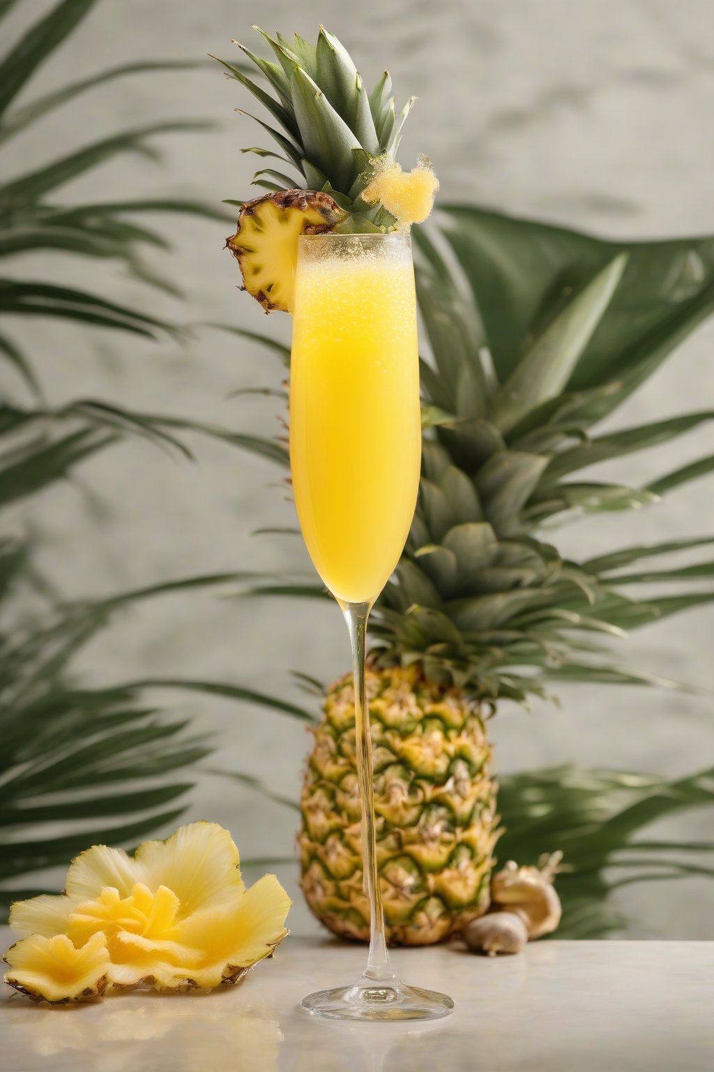A high-resolution photo of a pineapple paradise mimosa sparkling yellow in a flute, with bubbly foam and a tropical garnish, under soft lighting.