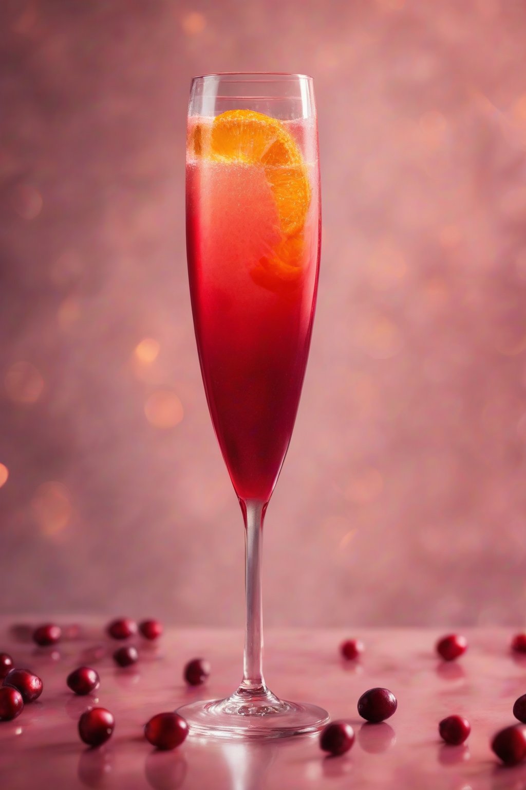 A high-resolution photo of a cranberry citrus mimosa in deep red hues fizzing in a flute glass, with subtle orange swirls, under soft lighting.