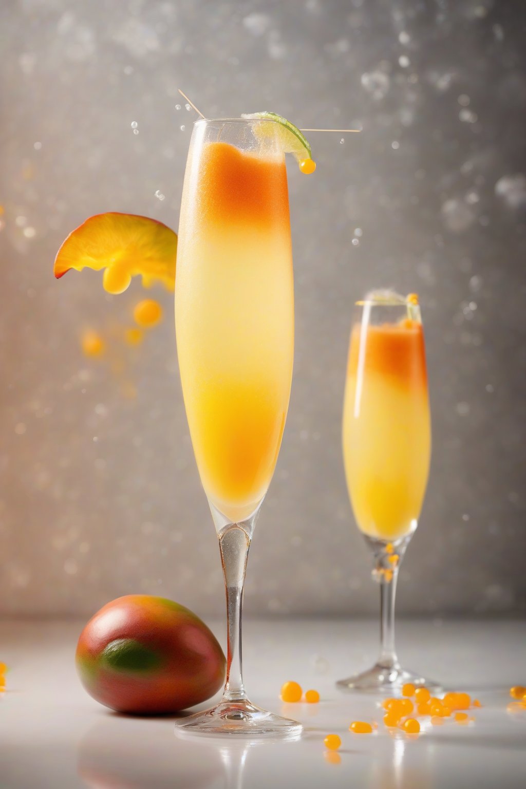 A high-resolution photo of a mango tango mimosa with vibrant orange layers and bubbles rising in a flute, garnished with lime, under soft lighting.