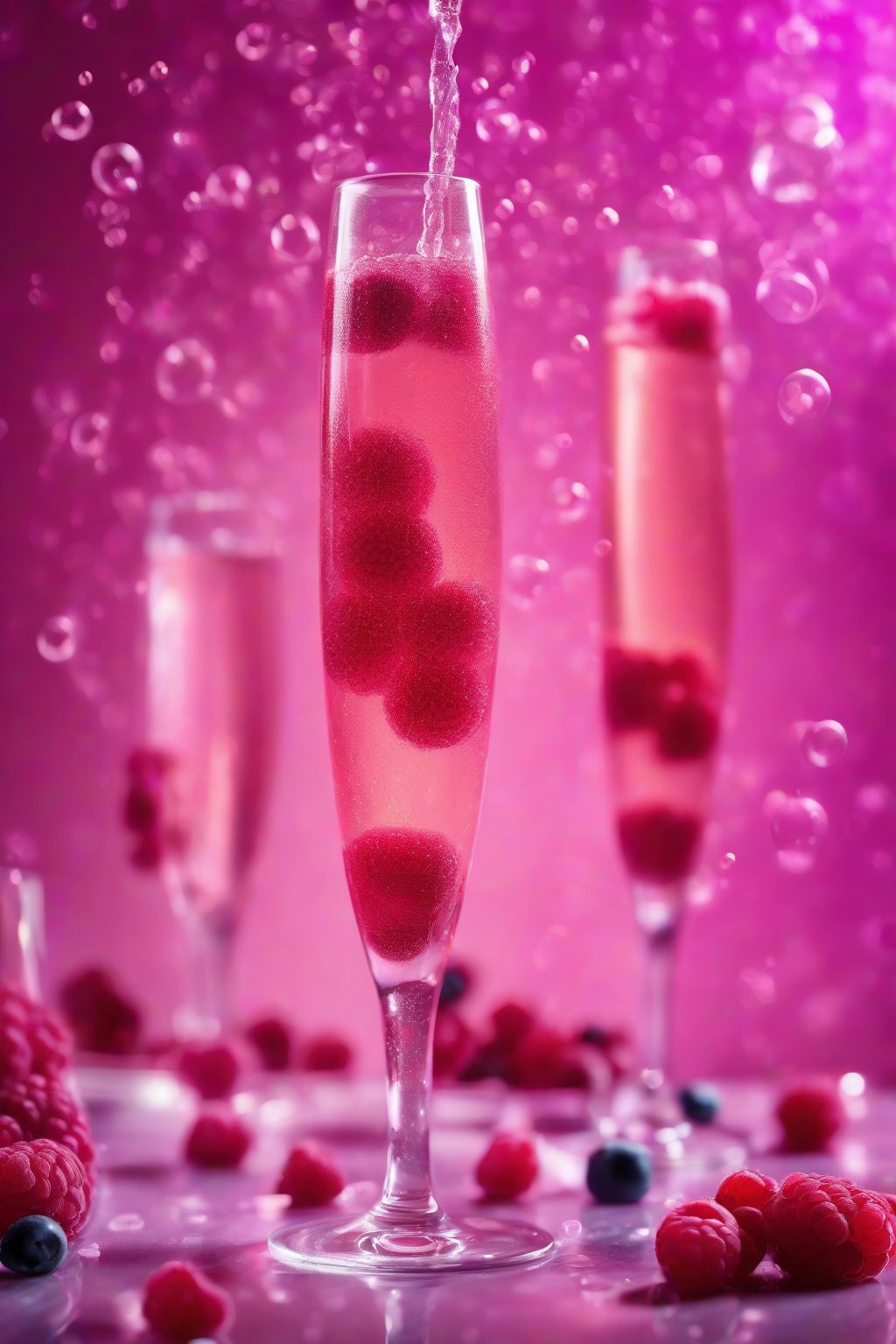 A high-resolution photo of a raspberry royale mimosa shimmering pink-purple in a flute, berries floating amid bubbles, under soft lighting.