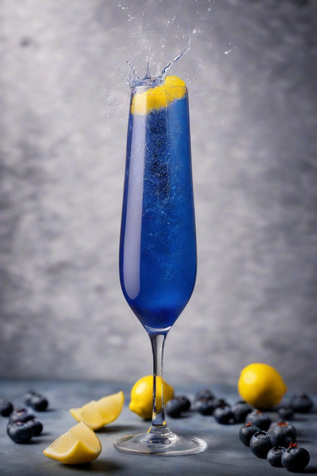A high-resolution photo of a blueberry burst mimosa in deep blue tones fizzing dynamically in a flute glass, lemon twist on rim, under soft lighting.