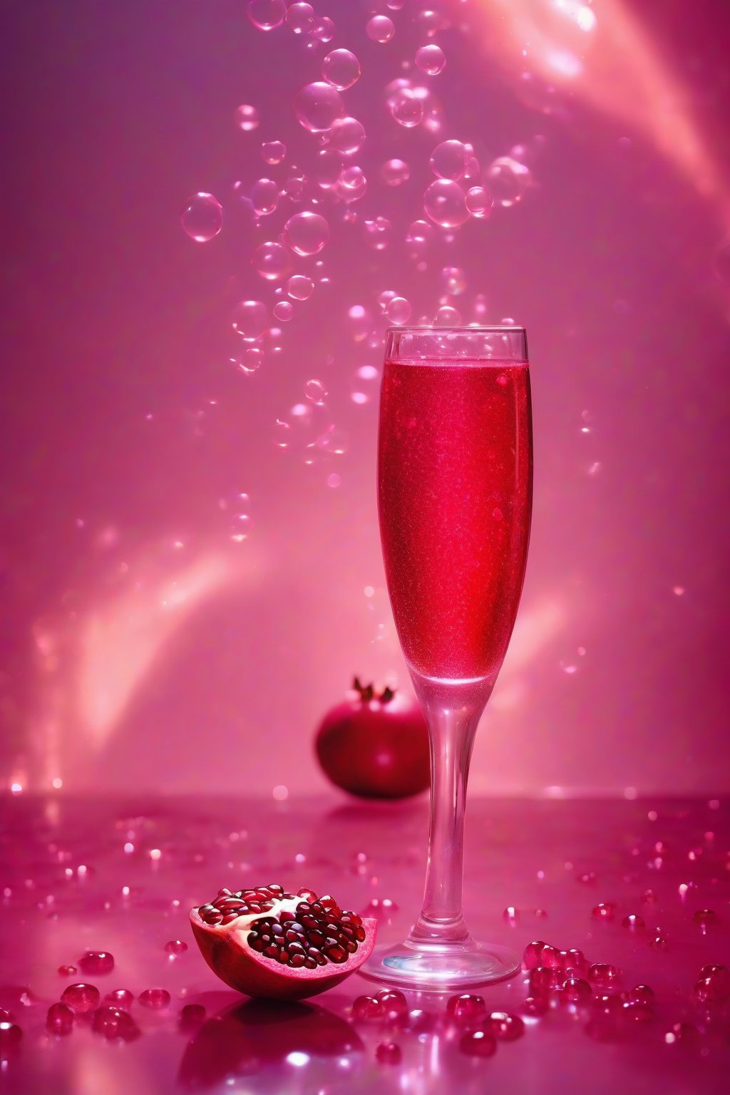 A high-resolution photo of a pomegranate sparkle mimosa glowing ruby red with floating seeds and bubbles in a flute, under soft lighting.