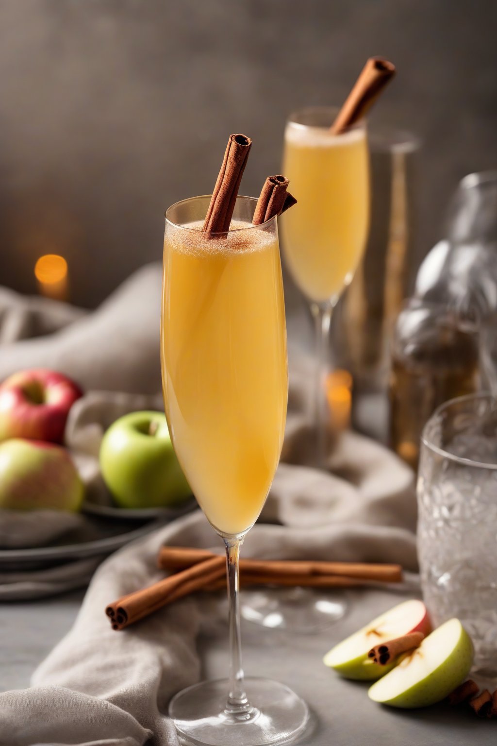 A high-resolution photo of an apple cider mimosa in golden fizz with cinnamon stick garnish in a flute glass, under soft lighting.
